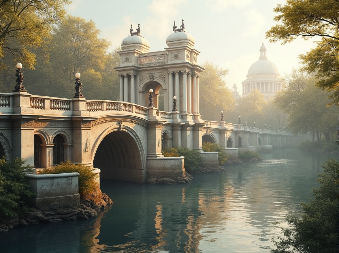 Prompt: Elegant bridge architecture, neoclassical arches, ornate balustrades, grandiose columns, symmetrical composition, muted earthy tones, soft beige stones, creamy white marble, weathered bronze details, subtle rust accents, refined ironwork, lush greenery surroundings, serene river waters, gentle misty atmosphere, warm afternoon sunlight, shallow depth of field, 2/3 composition, realistic textures, ambient occlusion.