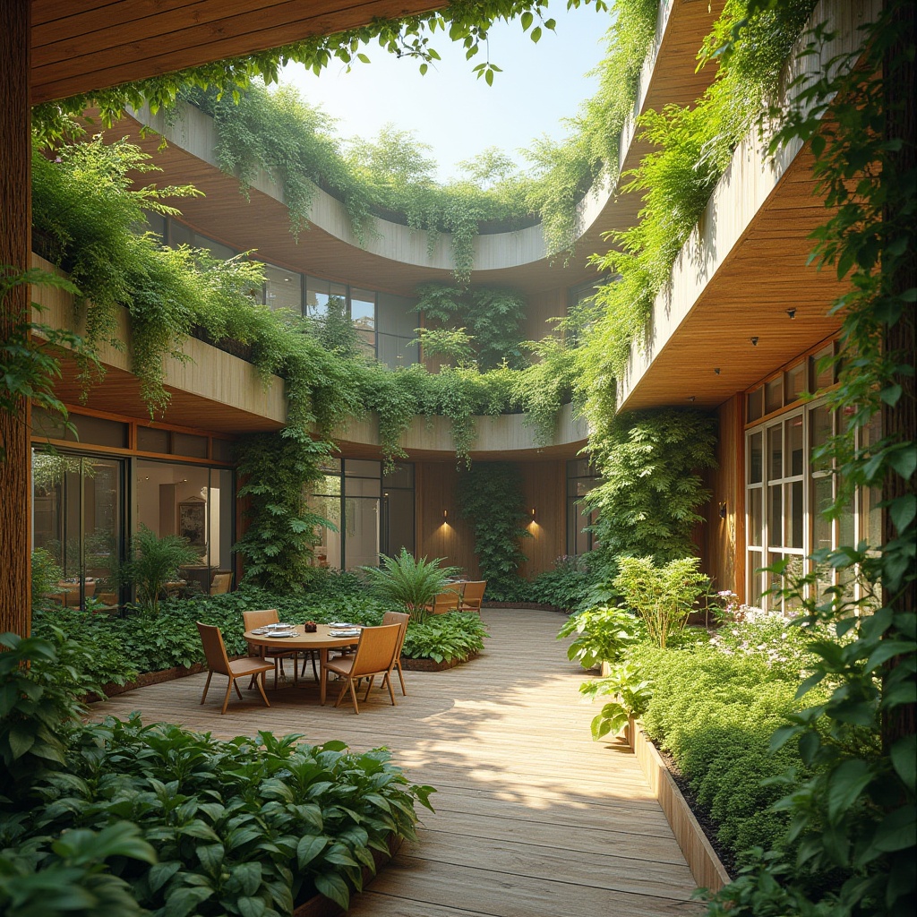 Prompt: Eco-friendly buildings, recycled materials, low-carbon footprint, green roofs, solar panels, wind turbines, rainwater harvesting systems, natural ventilation, large windows, clerestory windows, skylights, bamboo flooring, reclaimed wood, FSC-certified timber, low-VOC paints, organic textiles, living walls, vertical gardens, urban agriculture, sustainable urban planning, vibrant greenery, blooming flowers, warm natural lighting, soft shadows, 1/1 composition, shallow depth of field, realistic textures.