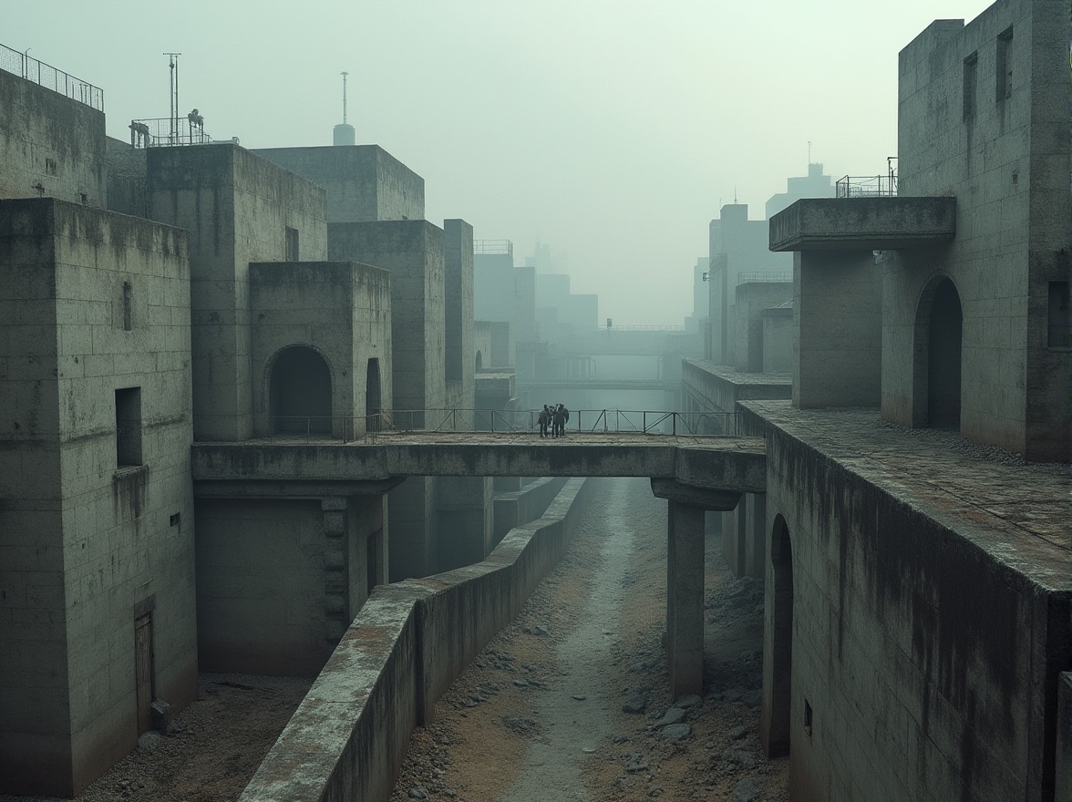 Prompt: Gritty brutalist buildings, raw concrete textures, industrial-style steel beams, rugged stone walls, minimalist aesthetic, muted earth tones, weathered wooden accents, bold geometric shapes, fortress-like structures, urban cityscape, overcast skies, dramatic shadows, high-contrast lighting, cinematic composition, gritty realistic render, atmospheric fog effects.