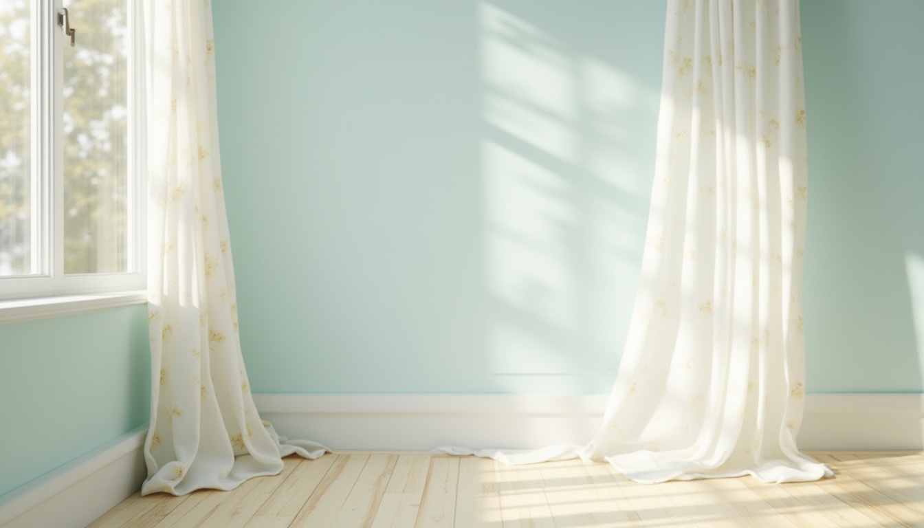 Prompt: Soft baby blue walls, creamy white trim, warm beige floors, minimalist decor, calming atmosphere, natural light pouring in, sheer curtains blowing gently, subtle texture overlays, shallow depth of field, 1/1 composition, soft focus, warm gentle lighting, serene ambiance, peaceful mood, nursery rhyme-inspired patterns, delicate floral motifs, soothing color harmony.