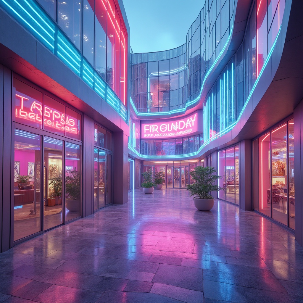 Prompt: Vibrant modern architecture, sleek glass facades, metallic accents, neon light installations, bold typography, abstract geometric patterns, pastel color scheme, soft gradient transitions, luminescent ambient lighting, shallow depth of field, 1/1 composition, cinematic view, realistic reflections, subtle noise textures.