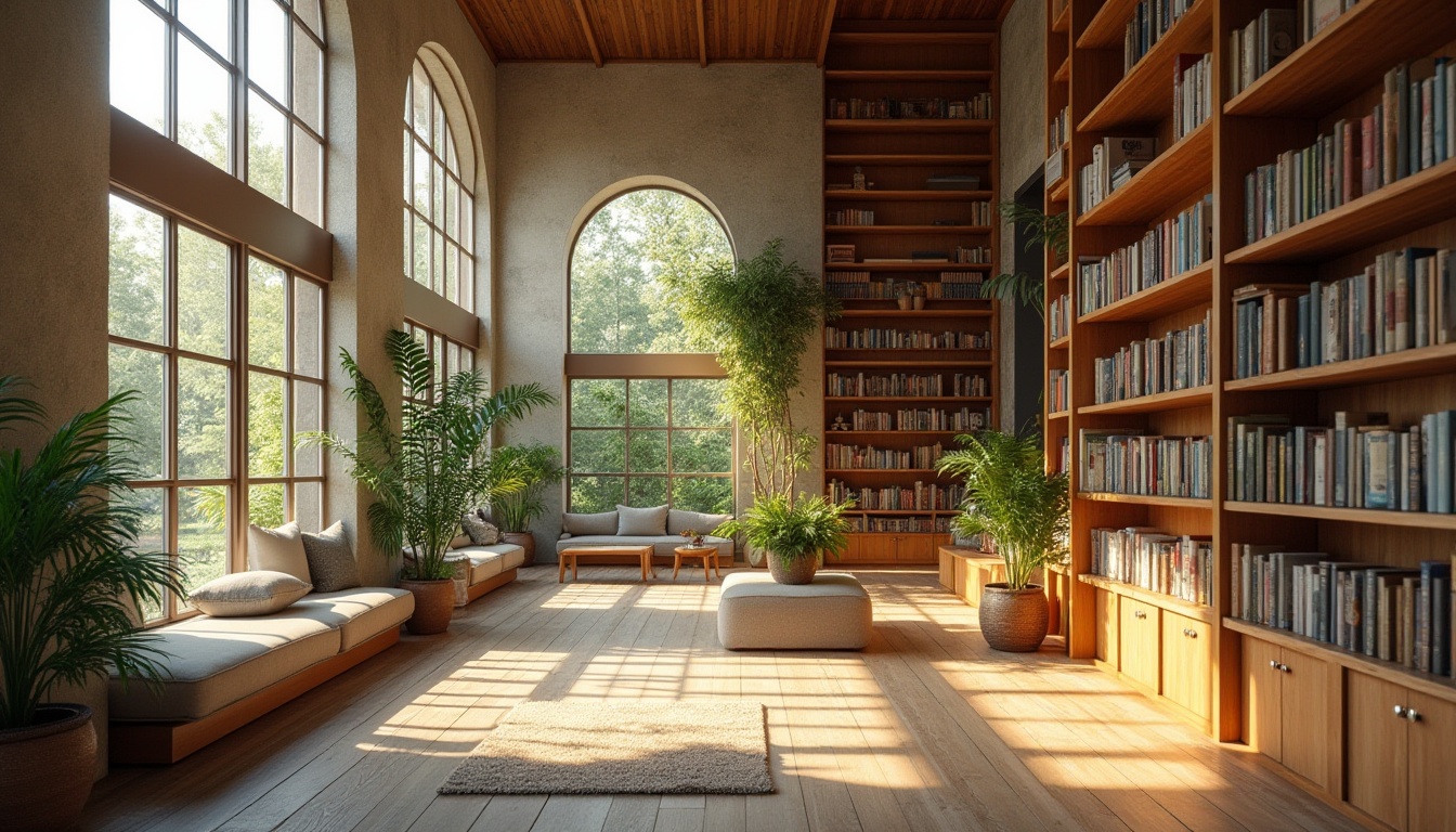 Prompt: \Cozy library atmosphere, abundant natural light, floor-to-ceiling windows, wooden shelves, comfortable reading nooks, soft cushions, warm beige colors, rustic stone walls, verdant greenery, outdoor seating areas, calm ambiance, morning sunlight, gentle shadows, 1/1 composition, shallow depth of field, realistic textures, ambient occlusion.\