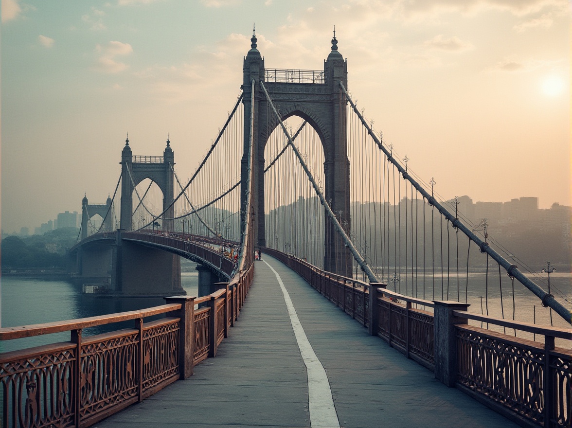 Prompt: Elegant vehicular bridges, robust steel arches, rustic stone piers, subtle gradient transitions, refined cable suspensions, sleek modern railings, muted earthy tones, weathered concrete textures, ornate metalwork details, soft warm lighting, shallow depth of field, 3/4 composition, panoramic view, realistic reflections, ambient occlusion.