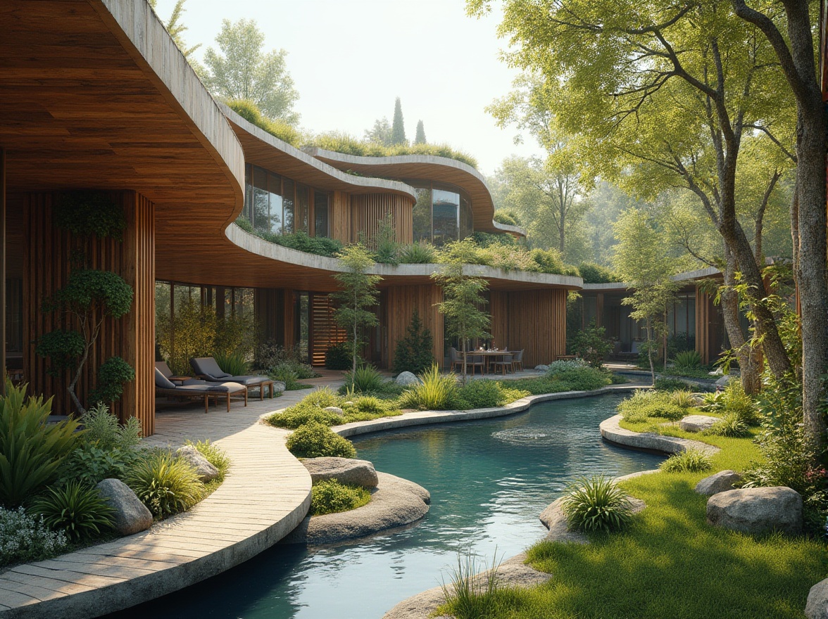 Prompt: Harmonious blend of architecture and nature, curved lines, organic shapes, earthy tones, reclaimed wood accents, lush green roofs, living walls, tranquil water features, serene outdoor spaces, soft diffused lighting, 1/1 composition, symmetrical balance, abstract textures, ambient occlusion.