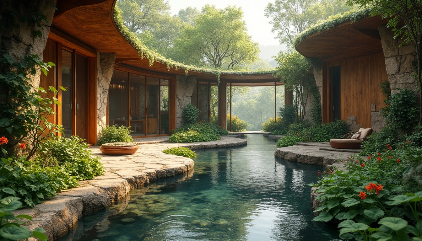 Prompt: Harmonious fusion of architecture and nature, serene surroundings, lush greenery, vibrant flowers, tranquil water features, rustic stone walls, wooden accents, earthy tones, organic shapes, curved lines, minimal ornamentation, natural ventilation systems, abundance of natural light, warm soft lighting, shallow depth of field, 1/1 composition, intimate scale, realistic textures, ambient occlusion.