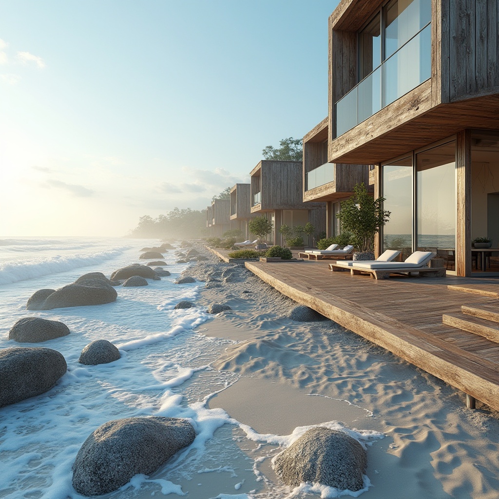 Prompt: Sustainable coastal buildings, ocean-inspired architecture, waves-crashing sound effects, sea-salt air, driftwood accents, weathered metal cladding, large glass windows, sliding doors, open-air balconies, beachy vibes, sandy dunes, seaside promenade, salty mist, warm sunlight, soft blue hues, 3/4 composition, panoramic view, realistic textures, ambient occlusion.