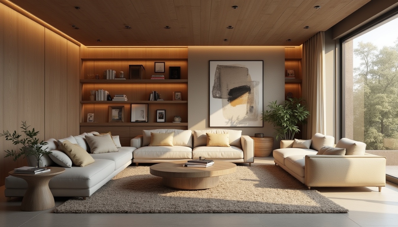 Prompt: Modern living room, minimalist decor, sleek low-profile furniture, functional storage solutions, elegant floor lamps, plush area rugs, comfortable sofas, abstract artwork, natural wood accents, earthy color palette, cozy reading nooks, ambient warm lighting, 1/1 composition, shallow depth of field, realistic textures, soft focus effect.