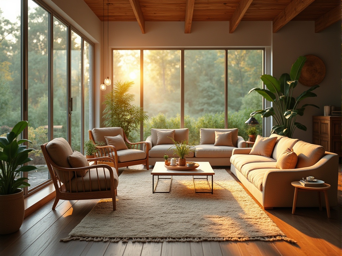 Prompt: Cozy living room, large windows, soft warm lighting, gentle natural illumination, comfortable seating areas, wooden flooring, earthy tones, plants and greenery, minimalist decor, airy atmosphere, bright morning light, subtle shading, 1/1 composition, shallow depth of field, realistic textures, ambient occlusion.