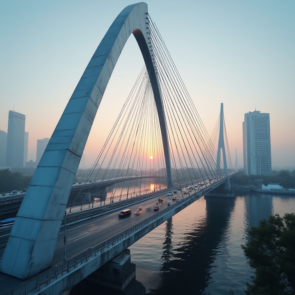 Prompt: Sleek modern bridge, silver metallic structure, neon blue accents, warm golden lighting, urban cityscape, busy traffic flow, steel cable suspensions, geometric shapes, minimalist design, functional simplicity, weathered concrete piers, misty morning atmosphere, soft diffused light, 1/1 composition, symmetrical framing, high-contrast textures, realistic reflections.