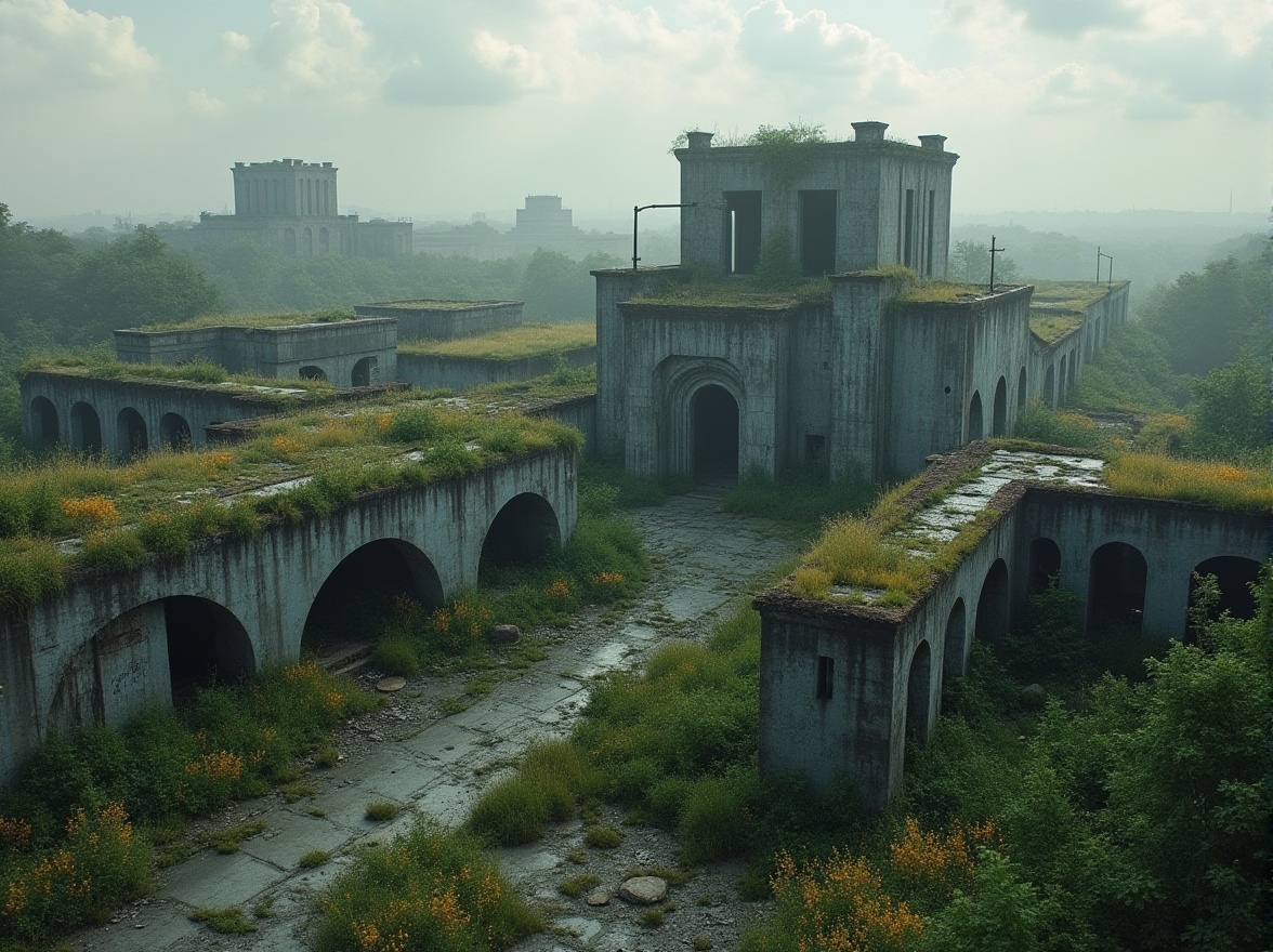 Prompt: Rugged brutalist architecture, concrete fortresses, fortress-like structures, urban jungle backdrop, sprawling green roofs, wildflower meadows, weathered steel accents, industrial-chic decor, raw concrete textures, dramatic shadow play, harsh geometric lines, imposing monumentality, overgrown vegetation, abandoned yet reclaimed spaces, post-apocalyptic ambiance, moody atmospheric lighting, cinematic wide-angle shots, high-contrast monochrome palette.