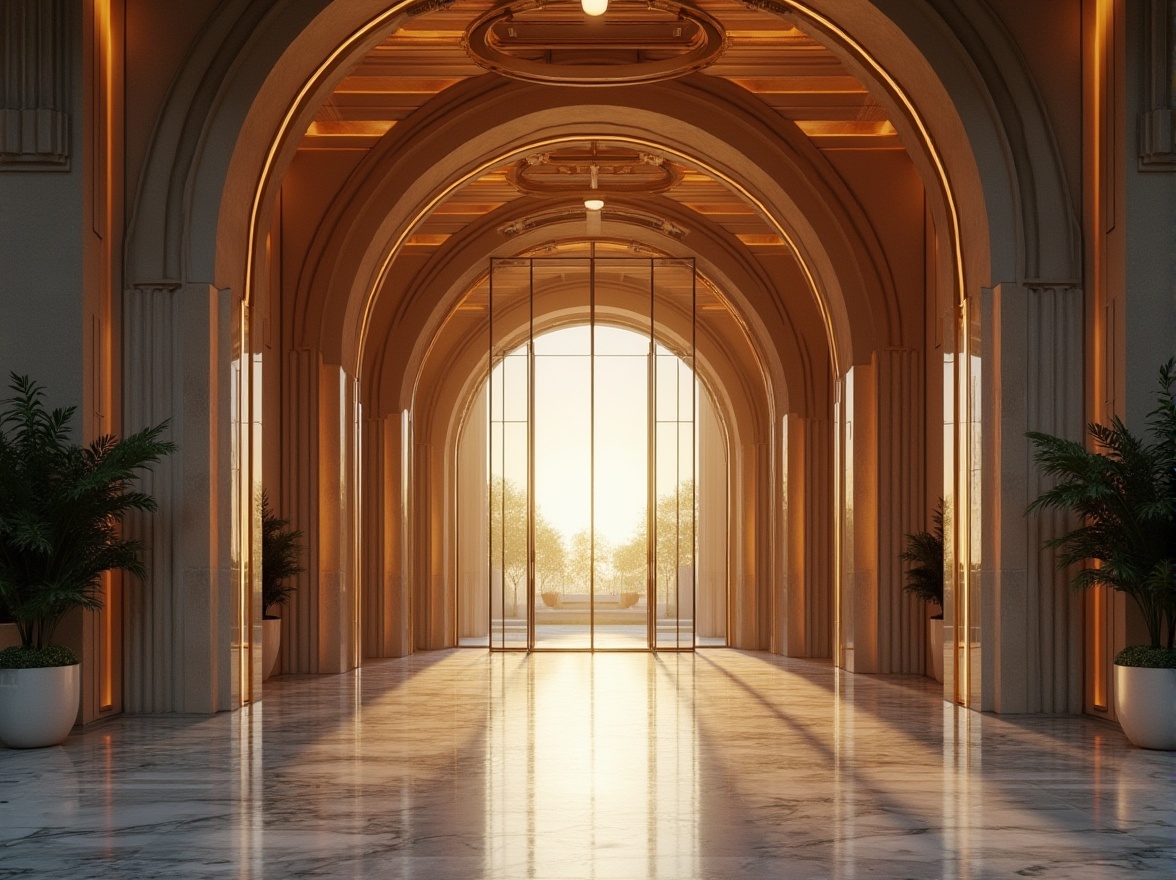 Prompt: Grand entrance, ornate details, luxurious materials, symmetrical composition, elegant curves, modern minimalist aesthetic, sleek metal accents, floor-to-ceiling windows, transparent glass doors, subtle LED lighting, ambient shadows, 1/2 composition, shallow depth of field, warm golden hour, realistic textures, intricate architectural patterns.