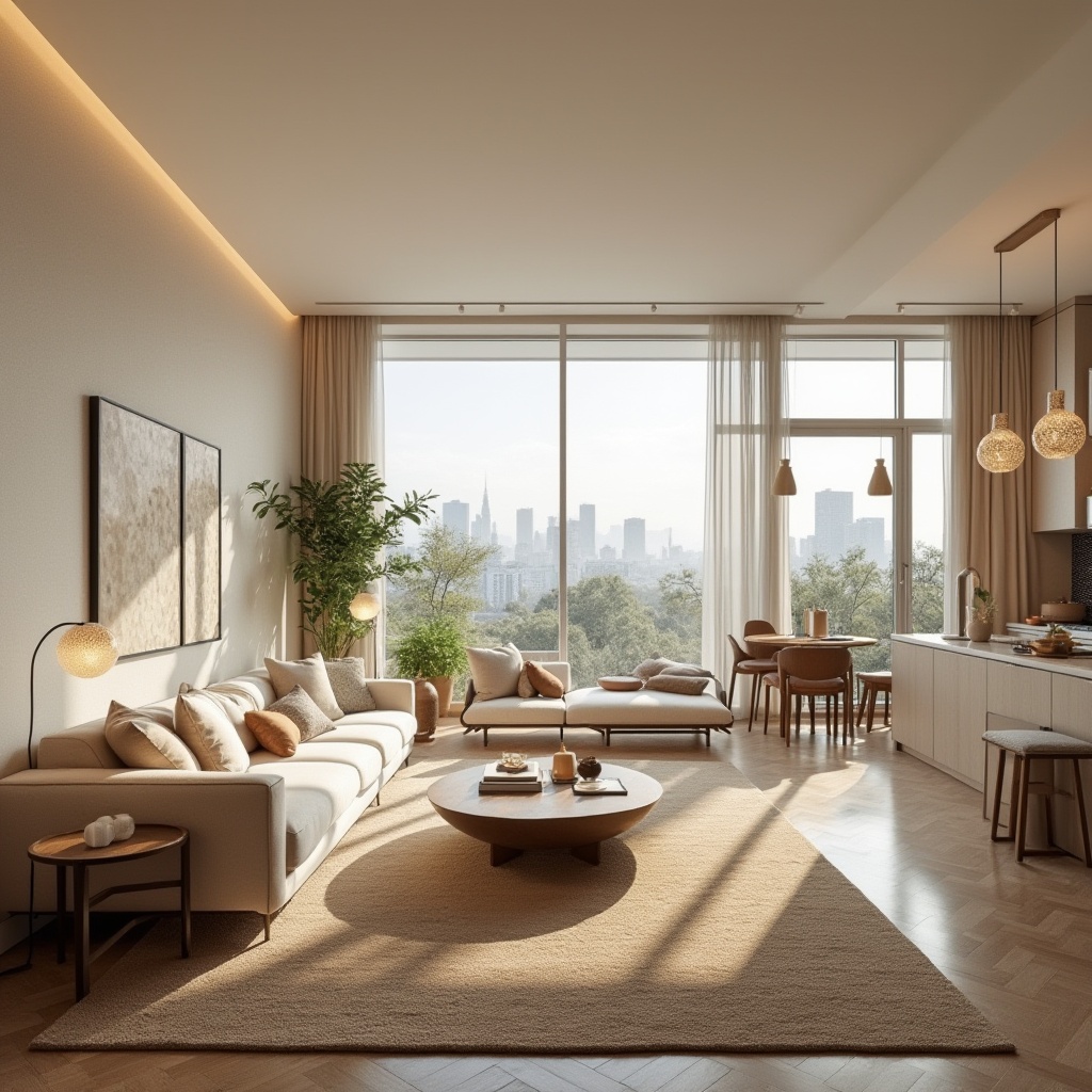 Prompt: Cozy living room, plush sofas, accent chairs, wooden coffee tables, floor lamps, soft cream-colored walls, warm beige carpeting, modern minimalist decor, large windows, natural light, cityscape views, 1/1 composition, shallow depth of field, realistic textures, ambient occlusion, spacious open-plan layout, functional zones, comfortable seating areas, ample storage solutions, sleek cabinetry, marble countertops, stainless steel appliances, stylish pendant lights, calming color palette, warm atmosphere.