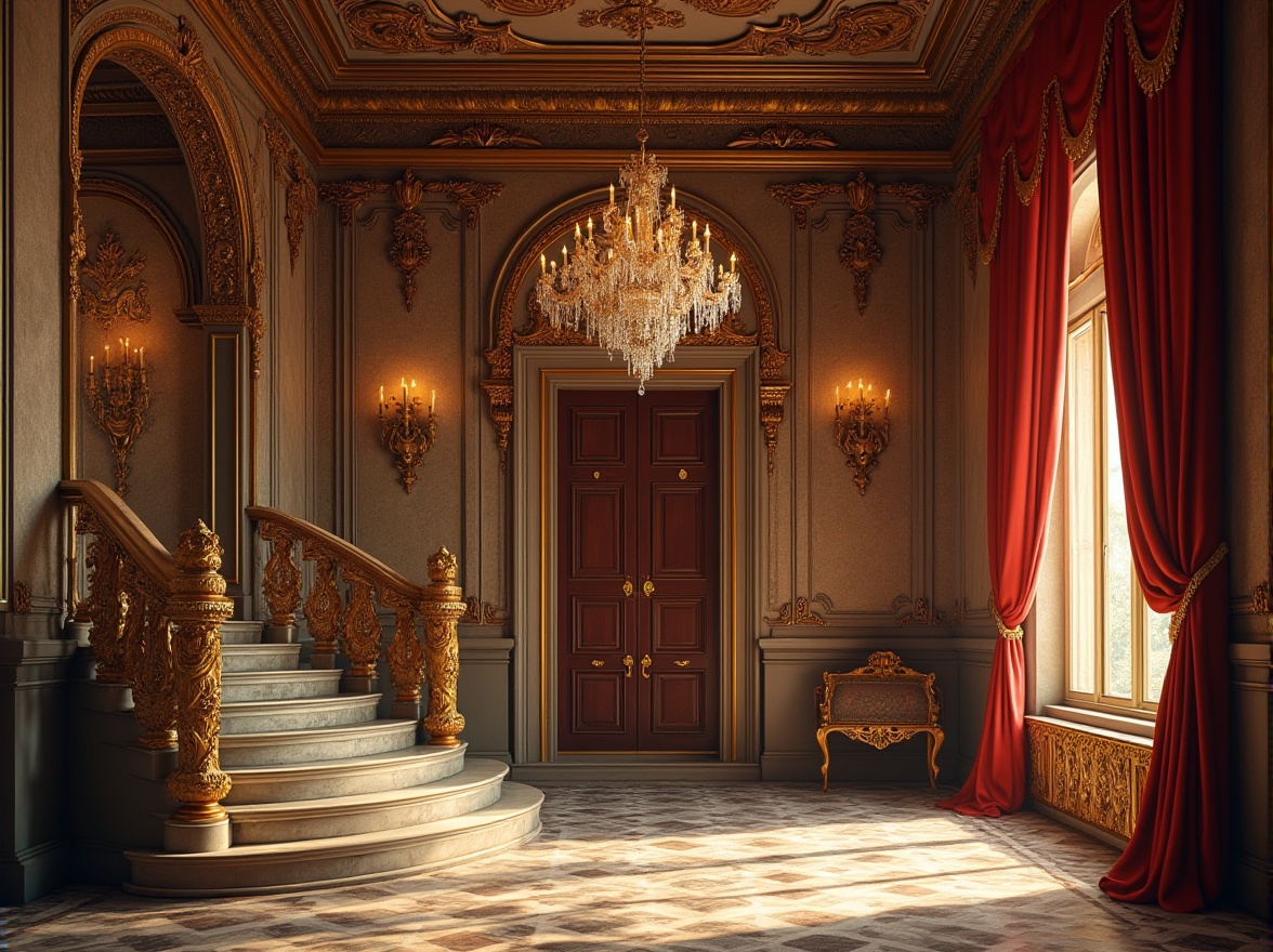 Prompt: Ornate baroque palace, intricately carved stone fa\u00e7ade, gilded ornamental details, rustic brick walls, worn wooden doors, lavish fresco ceilings, grandiose crystal chandeliers, velvety red drapes, polished marble floors, ornamental metalwork, symmetrical archways, sweeping staircases, dramatic spot lighting, high-contrast shadows, detailed textures, realistic material reflections, cinematic camera angles, 1/2 composition, warm golden hour lighting.