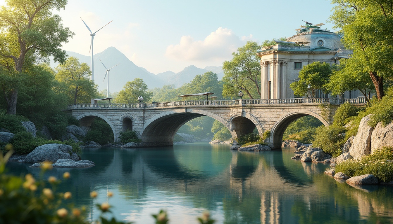 Prompt: Elegant neoclassical bridge, ornate stone arches, refined metal railings, sustainable energy harvesting systems, solar panels, wind turbines, green roofs, eco-friendly construction materials, recycled steel structures, minimal environmental footprint, serene river views, lush greenery, vibrant flowers, gentle water flow, soft warm lighting, shallow depth of field, 3/4 composition, panoramic view, realistic textures, ambient occlusion.