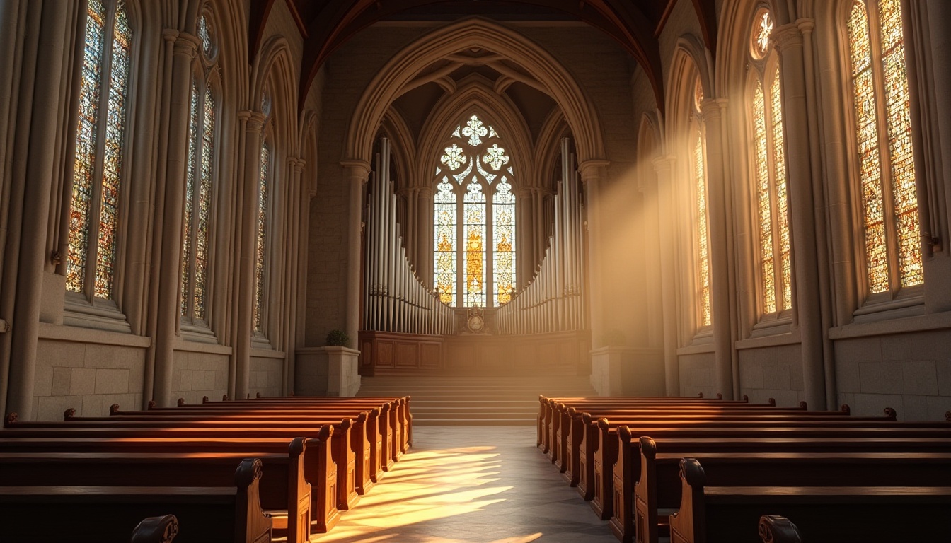 Prompt: Serene church interior, stunning stained glass windows, warm natural lighting, vaulted ceilings, ornate wooden pews, grand organ pipes, subtle stone textures, elegant archways, soft diffused light, dramatic verticality, 1/2 composition, realistic shadows, ambient occlusion, peaceful atmosphere, morning sunlight, gentle warmth, intricate architectural details.