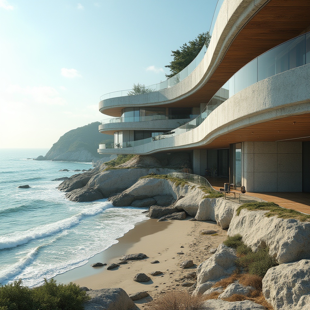 Prompt: Curved coastal lines, oceanic waves, salty air, sandy shores, modern formwork architecture, cantilevered structures, rust-resistant metals, weathered wood accents, translucent glass railings, organic shapes, parametric designs, algorithmic patterns, 3D-printed components, reinforced concrete foundations, corrosion-protected steel beams, wave-inspired facades, reflective surfaces, coastal erosion prevention systems, sustainable materials, eco-friendly construction methods, natural ventilation systems, panoramic ocean views, dramatic lighting effects, high contrast ratios.