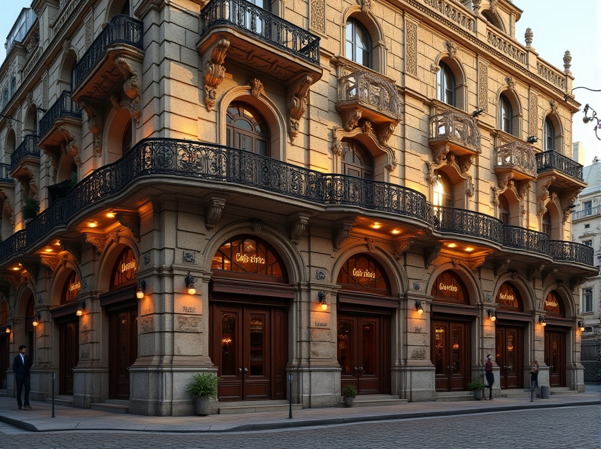 Prompt: Grandiose pub building, ornate stone facade, rusticated columns, arched windows, balconies with intricate metalwork, symmetrical composition, classical pediment, richly textured stonework, warm golden lighting, dramatic shadows, shallow depth of field, 1/1 composition, realistic materials, ambient occlusion, detailed brick patterns, ornamental cornices, grand entranceways, luxurious interior decor.