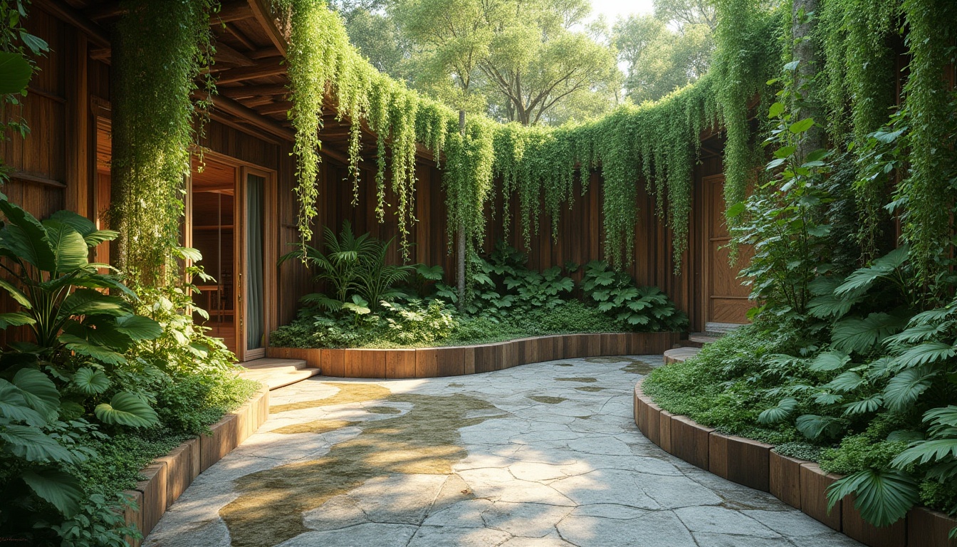 Prompt: Vibrant green walls, lush vegetation, natural stone floors, reclaimed wood accents, living roofs, vertical gardens, abundant daylight, soft diffused lighting, organic shapes, curved lines, earthy tones, calming atmosphere, serene ambiance, connection to outdoors, blurred boundaries, seamless transitions, natural materials, sustainable systems, rainwater harvesting, grey water reuse, minimal waste generation, eco-friendly furniture, recycled textiles, botanical patterns, intricate branch motifs.