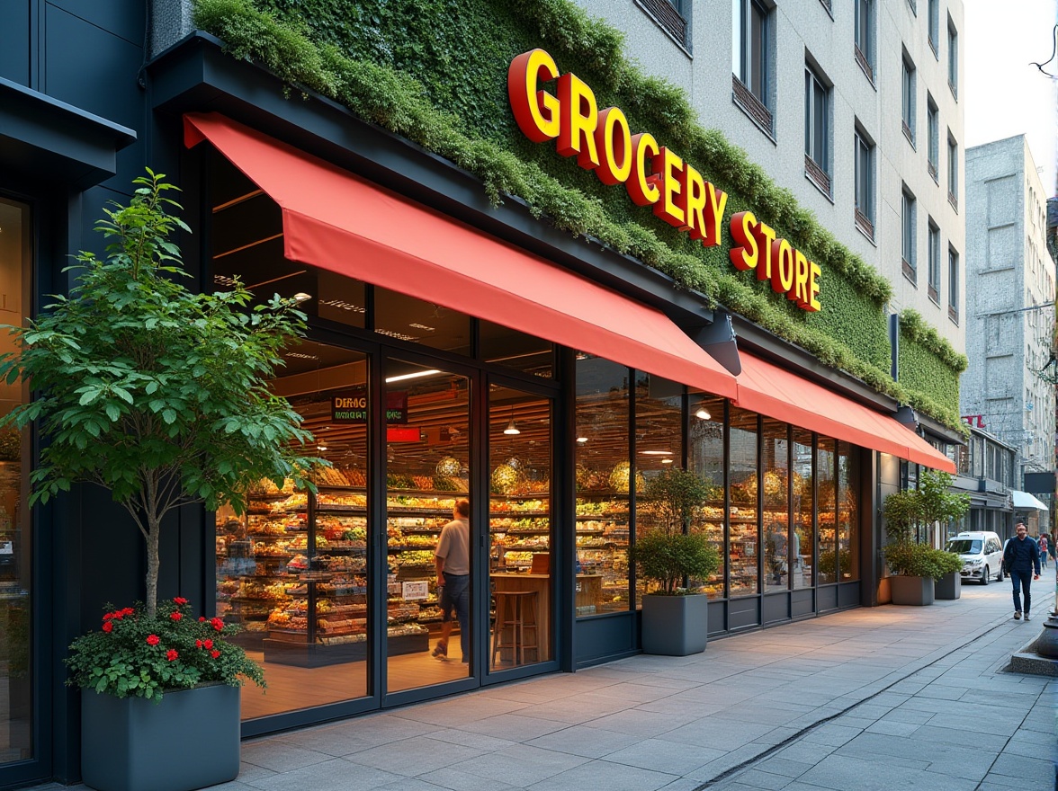 Prompt: Vibrant grocery store exterior, modern facade design, LED signage, large glass windows, sliding doors, steel frames, colorful awnings, vertical green walls, living walls, solar panels, energy-efficient systems, urban cityscape, busy streets, morning sunlight, shallow depth of field, 1/1 composition, realistic textures, ambient occlusion.