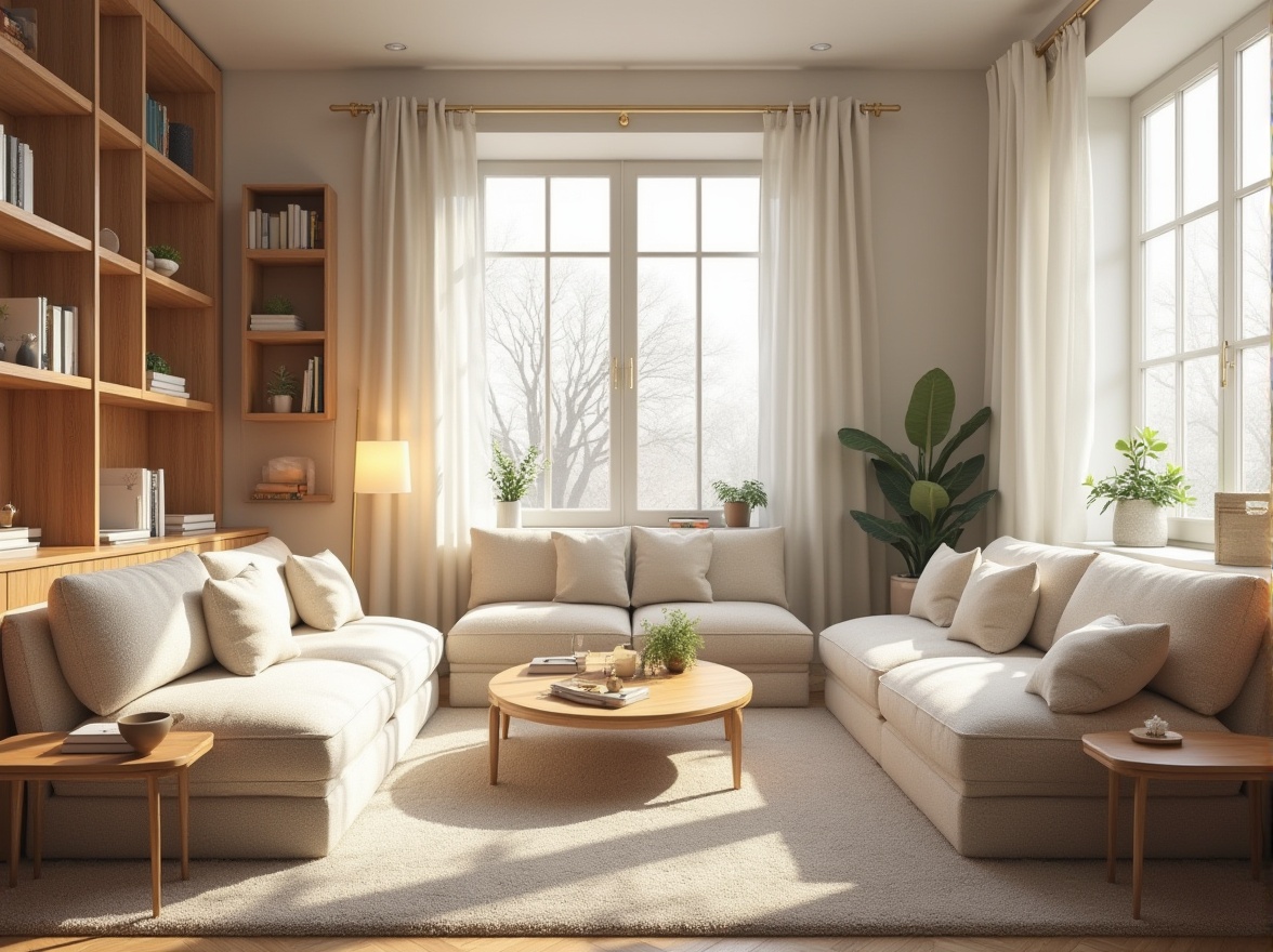 Prompt: Cozy living room, plush sofas, wooden coffee tables, floor lamps, soft carpeting, pastel color palette, large windows, natural light, minimalist decor, functional shelving units, compact storage solutions, ergonomic furniture, comfortable seating areas, warm ambiance, soft background lighting, 1/1 composition, shallow depth of field, realistic textures.