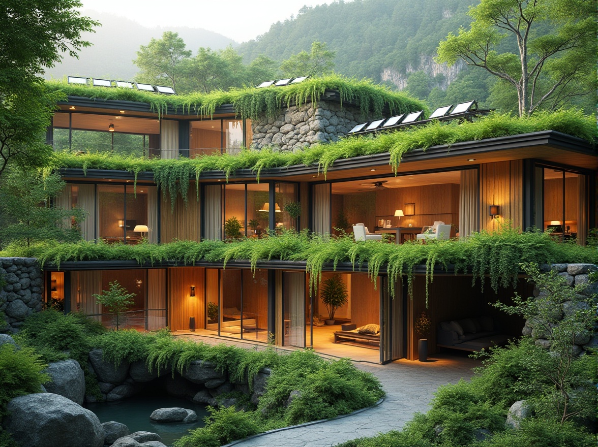 Prompt: Vibrant green roofs, lush vegetation, solar panels, skylights, clerestory windows, natural stone walls, earthy color palette, organic textures, warm ambient lighting, soft diffused light, energy-efficient systems, sustainable architecture, eco-friendly materials, minimal shading devices, open floor plans, airy interior spaces, blurred boundaries between indoors and outdoors, serene atmosphere, peaceful ambiance, harmonious coexistence with nature.