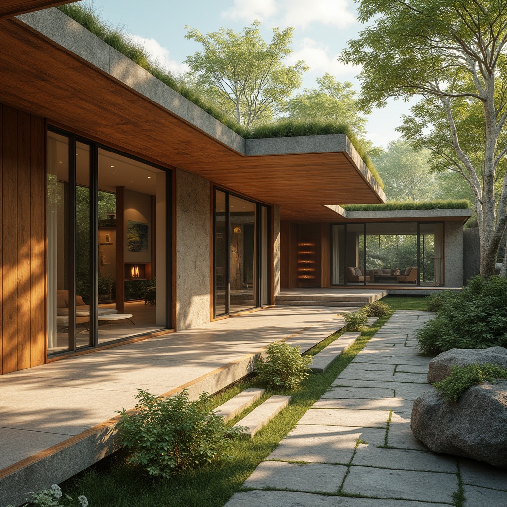 Prompt: Earthy tones, natural materials, wooden accents, stone walls, green roofs, modern minimalist design, large windows, sliding glass doors, open floor plans, airy atmosphere, soft warm lighting, shallow depth of field, 3/4 composition, realistic textures, ambient occlusion, cohesive color palette, neutral background, bold accent colors, earthy reds, natural blues, muted greens, creamy whites, warm beige tones, inviting ambiance.