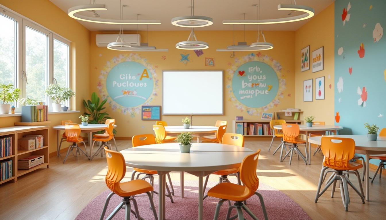 Prompt: Vibrant kindergarten classrooms, colorful learning walls, interactive whiteboards, circular reading nooks, collaborative desks, ergonomic chairs, abundant natural light, high ceilings, open corridors, inspirational quotes, educational graphics, stimulating color schemes, acoustic panels, sound-absorbing materials, flexible seating arrangements, modular furniture, cozy corners, playful textures, soft carpeting, warm wood accents, minimalist decor, calming ambiance, 1/1 composition, symmetrical framing, warm soft lighting, subtle shadows, realistic reflections.