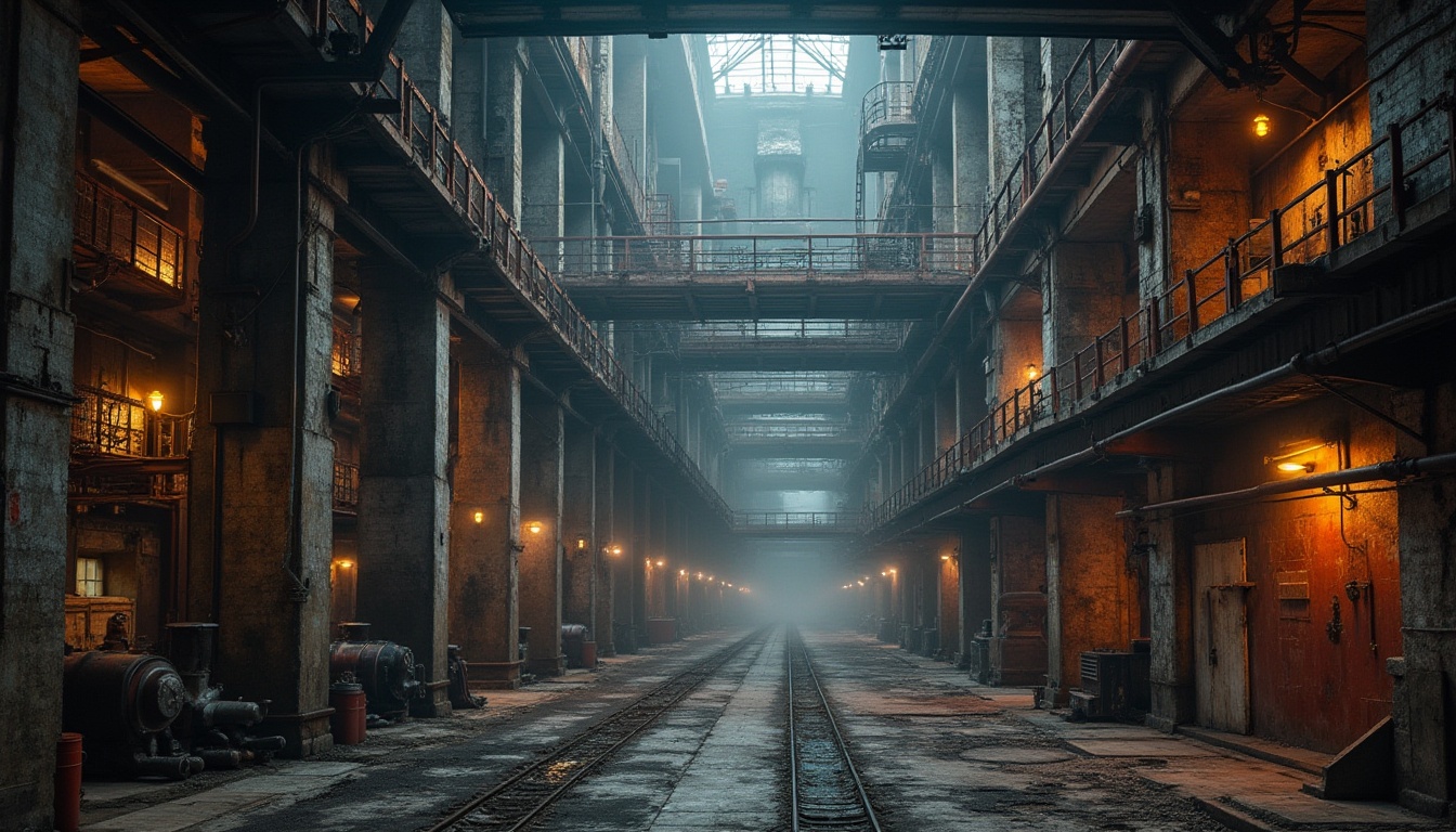 Prompt: Rustic industrial complex, exposed brick walls, metallic beams, reinforced concrete structures, futuristic machinery, neon-lit catwalks, elevated walkways, overhead cranes, steam-powered engines, copper pipes, distressed wood accents, urban decay textures, atmospheric fog effects, cinematic lighting, dramatic shadows, 1/2 composition, shallow depth of field, realistic industrial sounds.