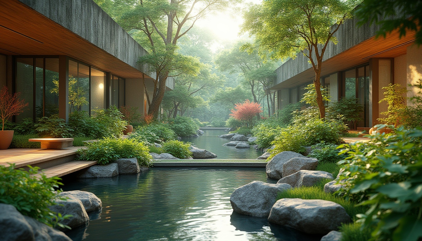 Prompt: Harmonious landscape integration, serene natural ambiance, lush greenery, gentle water features, meandering pathways, wooden bridges, stone benches, vibrant flora, soft warm lighting, shallow depth of field, 3/4 composition, panoramic view, realistic textures, ambient occlusion, modern architecture, minimalist design, large windows, sliding glass doors, indoor-outdoor connection, seamless transitions, holistic experience.