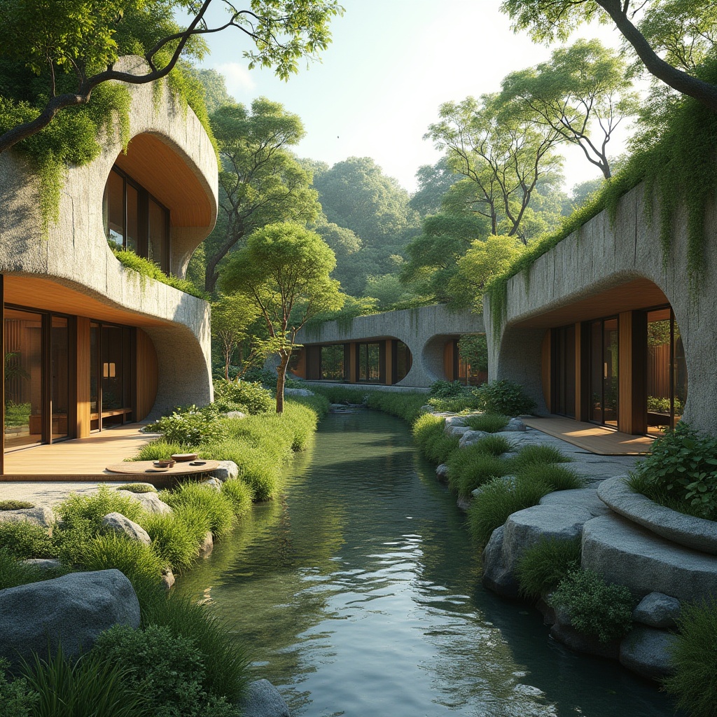 Prompt: Seamless landscape integration, organic curves, natural stone walls, lush green roofs, living walls, verdant vegetation, serene water features, meandering pathways, native plant species, ecological balance, sustainable design, minimalist architecture, large windows, sliding glass doors, panoramic views, warm natural lighting, soft shadows, 3/4 composition, atmospheric perspective, realistic textures, ambient occlusion.