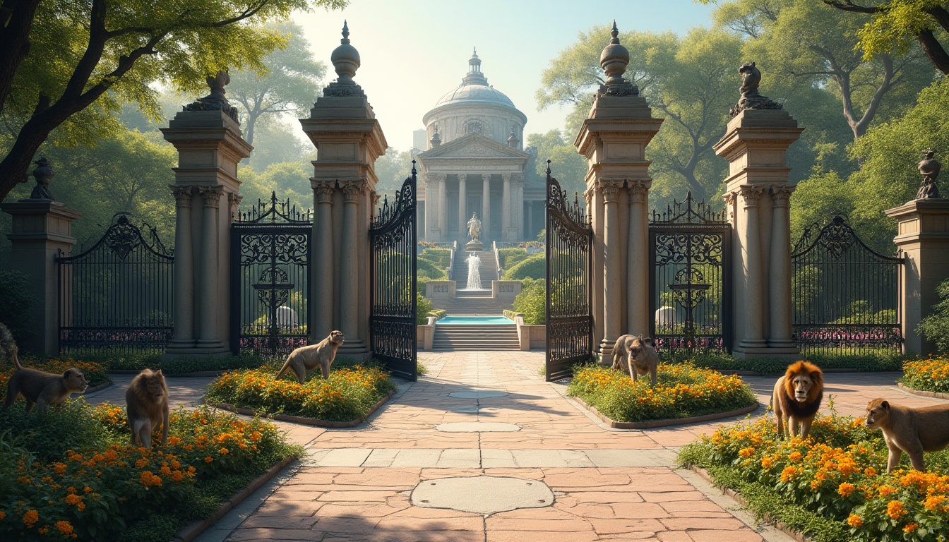 Prompt: Majestic zoo entrance, grandiose stone columns, ornate metal gates, lush greenery, vibrant flowers, walking paths, natural rock formations, scenic overlooks, rustic wooden bridges, tranquil water features, classical fountain, majestic lions, playful monkeys, exotic birds, sunny day, warm soft lighting, shallow depth of field, 3/4 composition, panoramic view, realistic textures, ambient occlusion, neoclassical architecture, symmetrical facades, ornate decorations, rusticated stone walls, grand staircases, intricate ironwork.