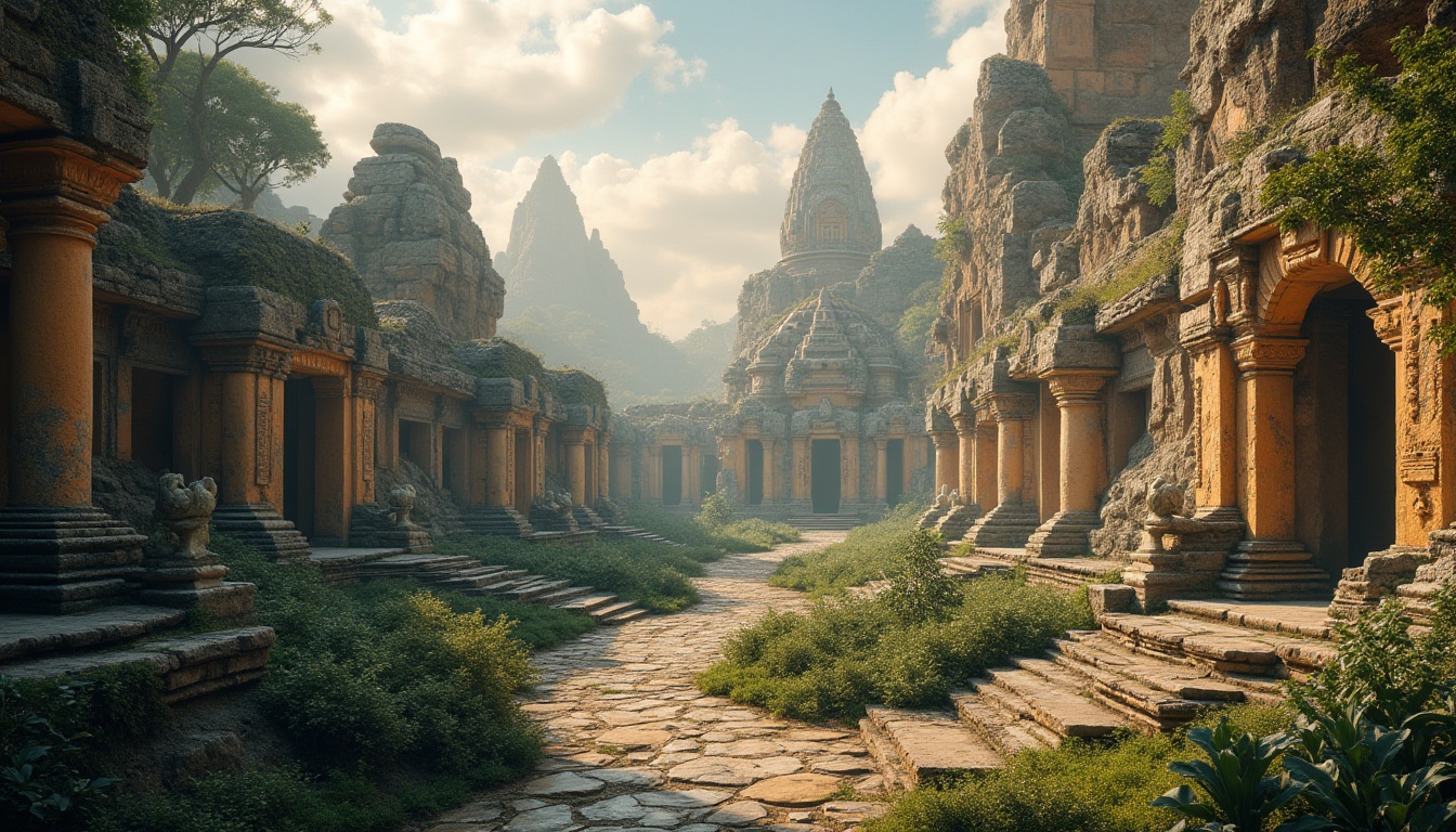 Prompt: Ancient monuments, mystical ruins, lush vegetation, winding stone paths, weathered rock formations, intricate carvings, ornate fountains, grand archways, imposing columns, vibrant cultural textiles, eclectic architectural fusion, modern minimalist accents, seamless landscape integration, serene natural ambiance, warm golden lighting, dramatic cloud formations, 1/2 composition, cinematic atmosphere, realistic weathering effects, subtle misting.