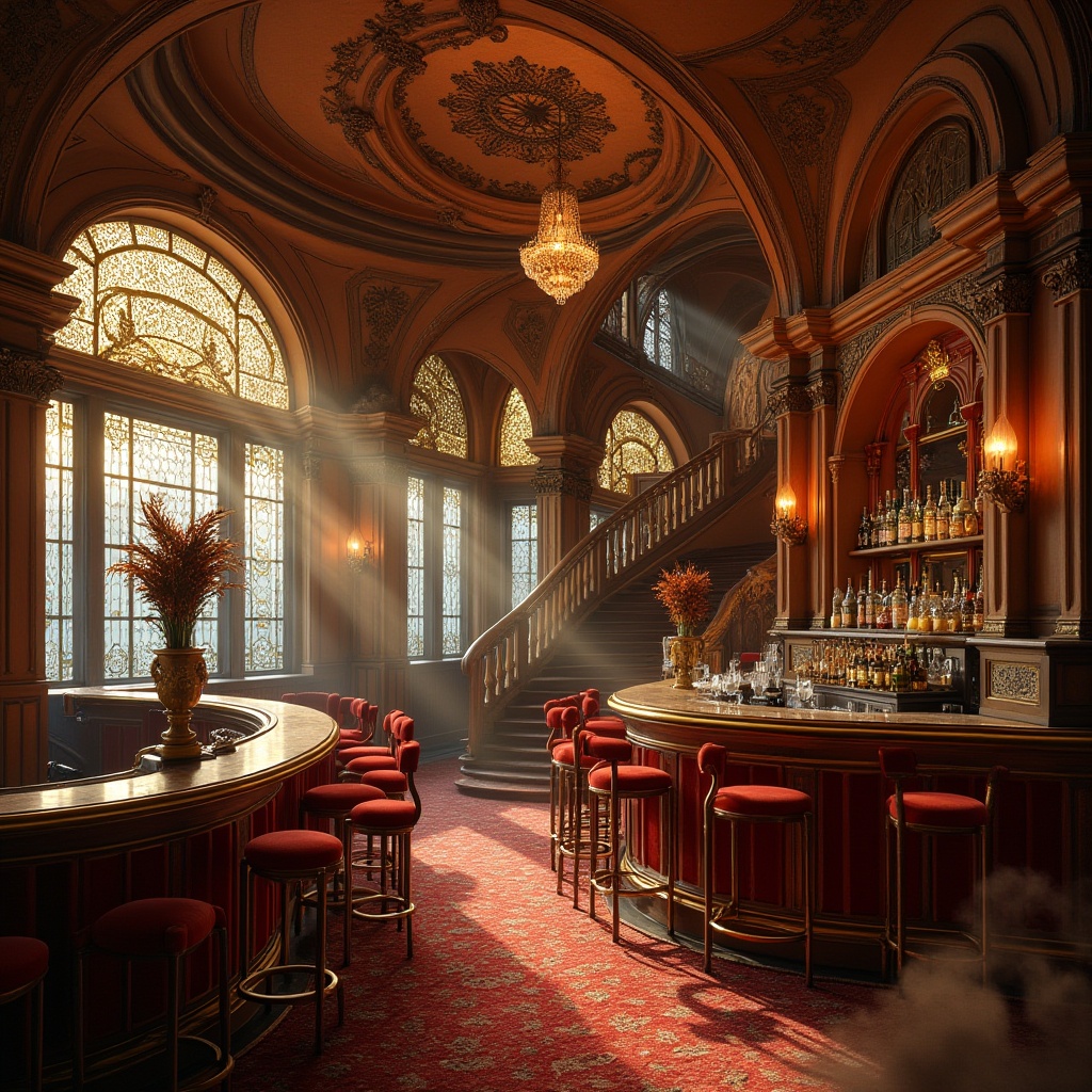 Prompt: Grandiose bar interior, ornate Art Nouveau architecture, sinuous lines, flowing curves, organic forms, luxurious velvet fabrics, intricate metalwork, stained glass windows, majestic wooden paneling, opulent chandeliers, curved doorways, grand staircases, richly patterned carpets, warm golden lighting, atmospheric smoke effects, shallow depth of field, 1/2 composition, realistic textures, ambient occlusion.