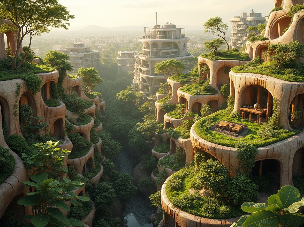 Prompt: Vibrant green roofs, lush vegetation, organic curves, natural stone walls, wooden accents, earthy tones, bio-inspired fa\u00e7ades, metabolic architecture, futuristic buildings, sustainable energy systems, wind turbines, solar panels, rainwater harvesting, living walls, vertical gardens, misting systems, shaded outdoor spaces, Arabic-inspired patterns, intricate geometric motifs, warm golden lighting, soft focus, 1/1 composition, realistic textures, ambient occlusion.