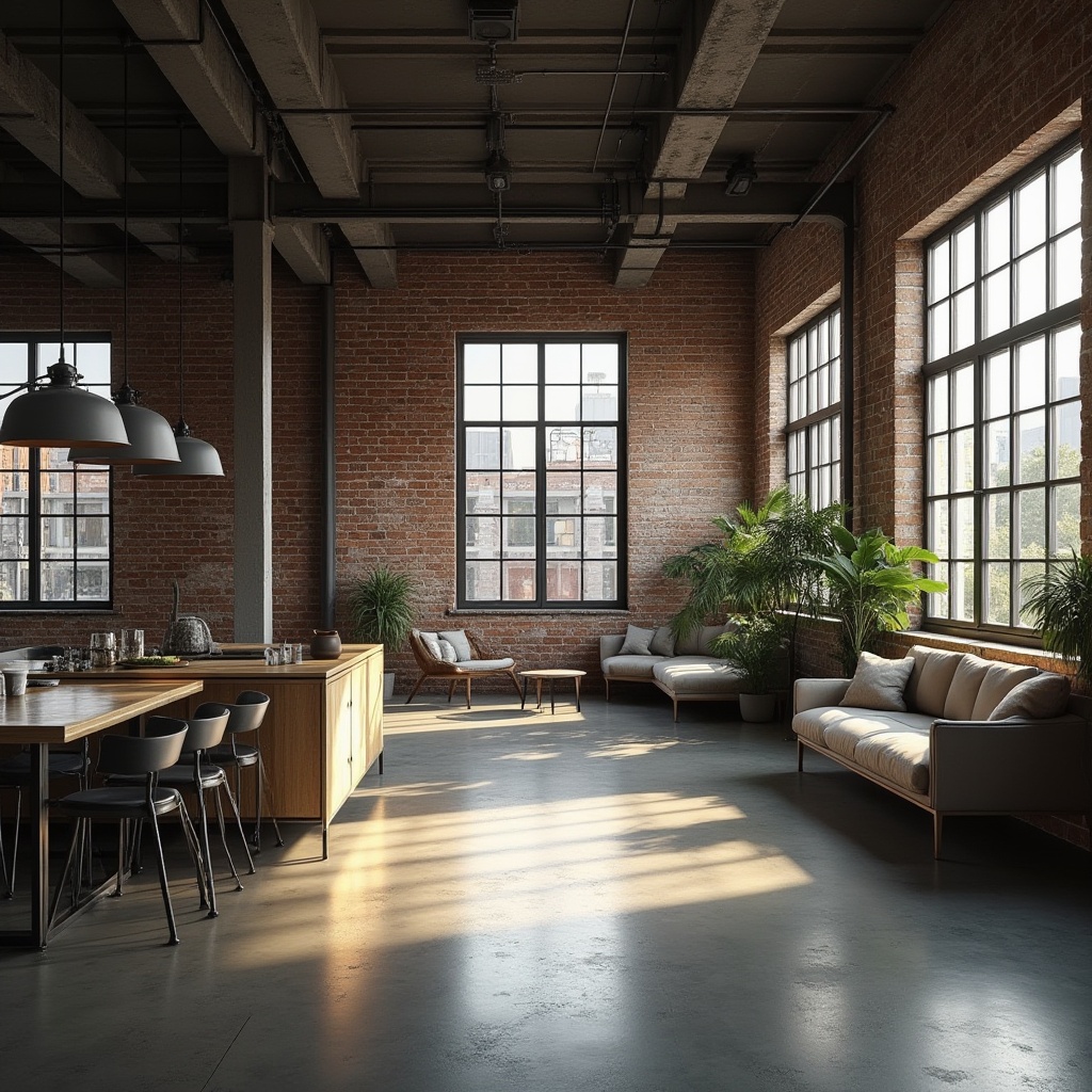 Prompt: Industrial chic loft space, exposed brick walls, polished concrete floors, minimalist decor, functional open layout, abundant natural light, large industrial windows, metal beams, reclaimed wood accents, modernist furniture pieces, sleek lines, monochromatic color scheme, atmospheric shadows, soft warm lighting, shallow depth of field, 1/1 composition, realistic textures, ambient occlusion.