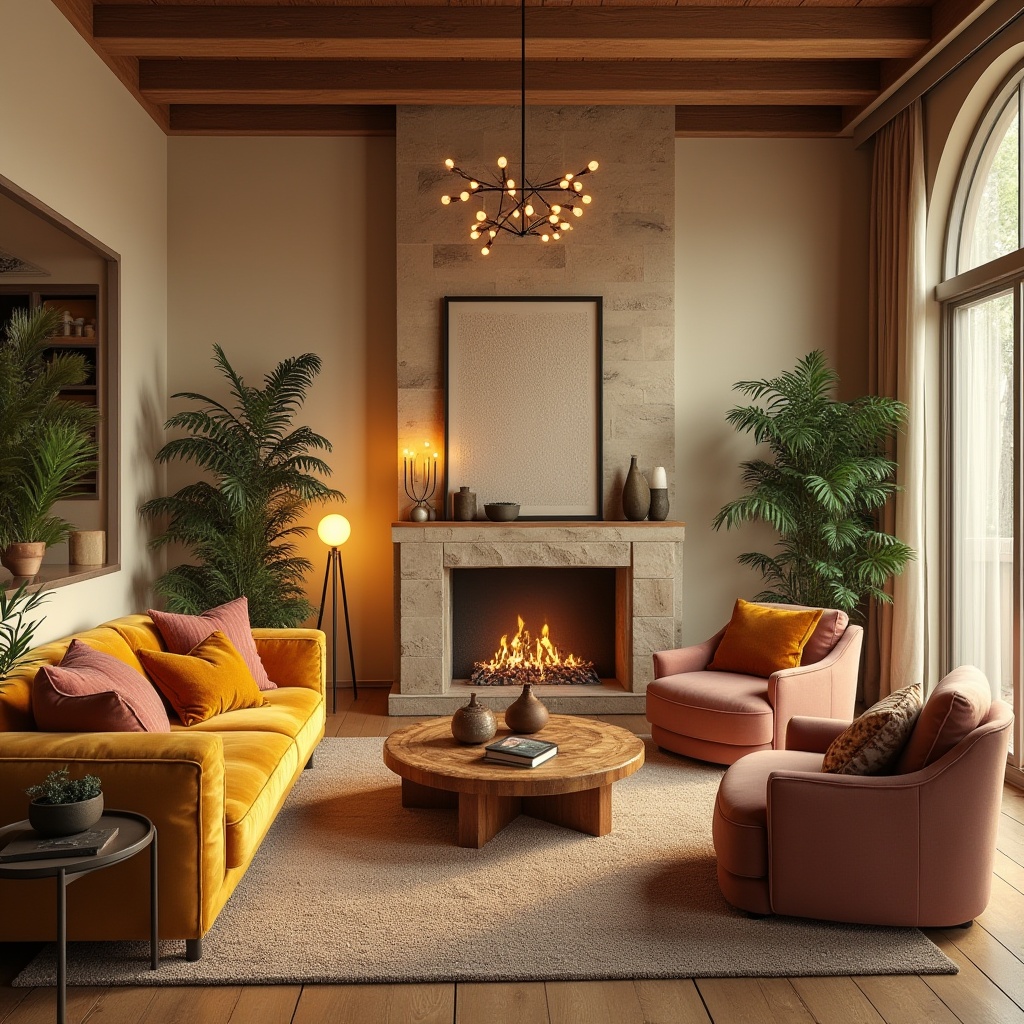 Prompt: Cozy living room, warm beige walls, plush velvet sofas, rustic wooden coffee tables, soft golden lighting, comfortable oversized armchairs, vibrant colorful throw pillows, lush greenery, natural stone fireplaces, modern minimalist decor, large windows, sheer curtains, elegant chandeliers, ambient warm atmosphere, shallow depth of field, 3/4 composition, realistic textures.