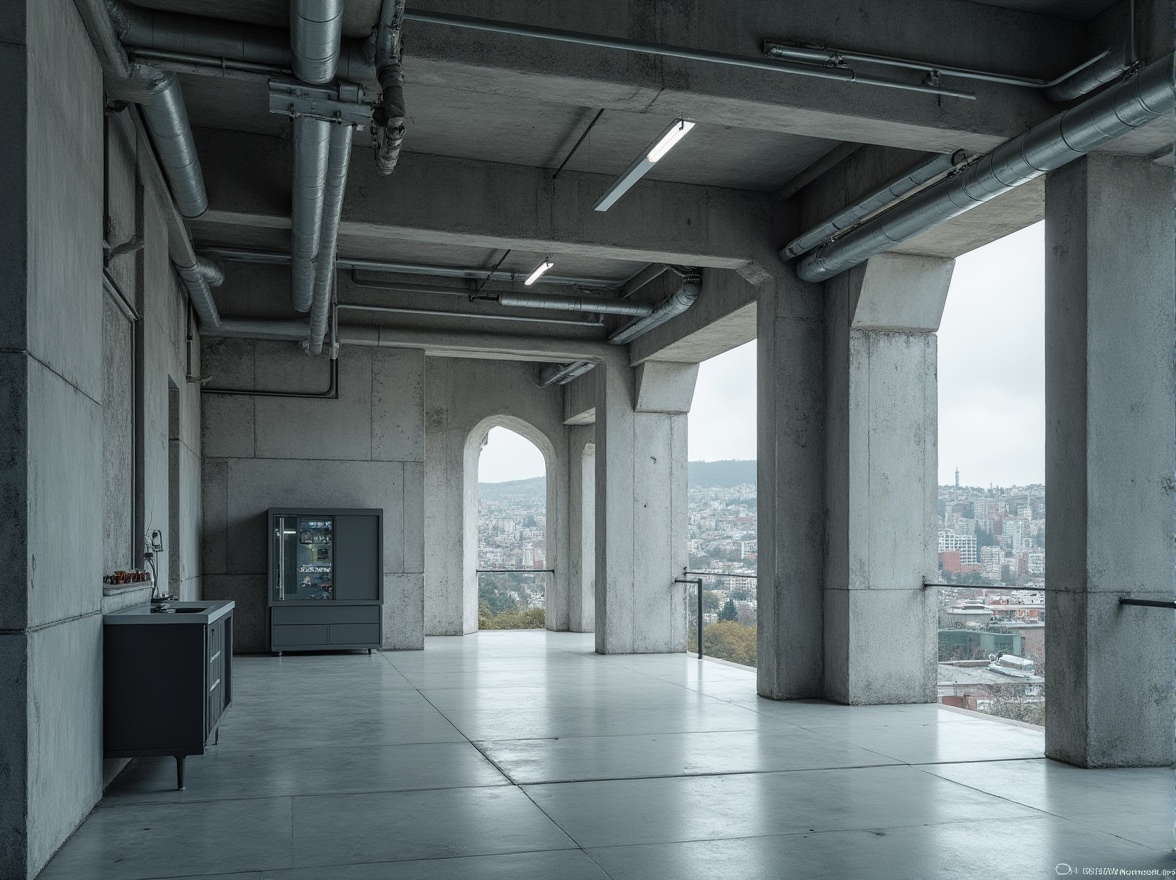 Prompt: Raw concrete walls, exposed ductwork, industrial pipes, steel beams, brutalist architecture, research facilities, laboratory equipment, minimalist decor, neutral color palette, functional lighting, angular lines, geometric shapes, urban landscape, cityscape background, overcast sky, dramatic shadows, high contrast, 3/4 composition, realistic textures, ambient occlusion.