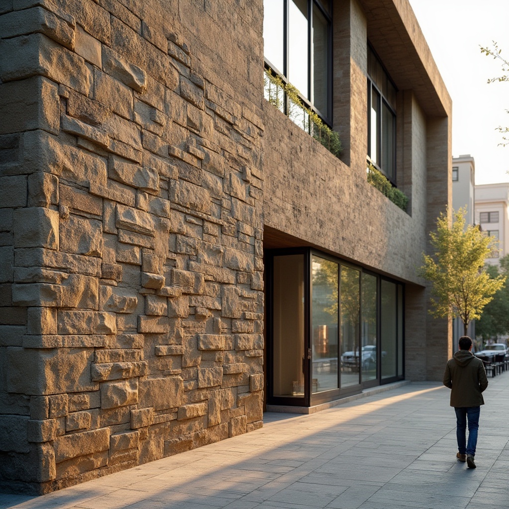 Prompt: Lavacrete wall cladding, rough-hewn stone texture, earthy brown color, natural rock formations, modern architectural design, sleek building facades, large windows, glass doors, urban cityscape, busy streets, contemporary street furniture, pedestrian pathways, morning sunlight, soft warm lighting, shallow depth of field, 3/4 composition, realistic textures, ambient occlusion.