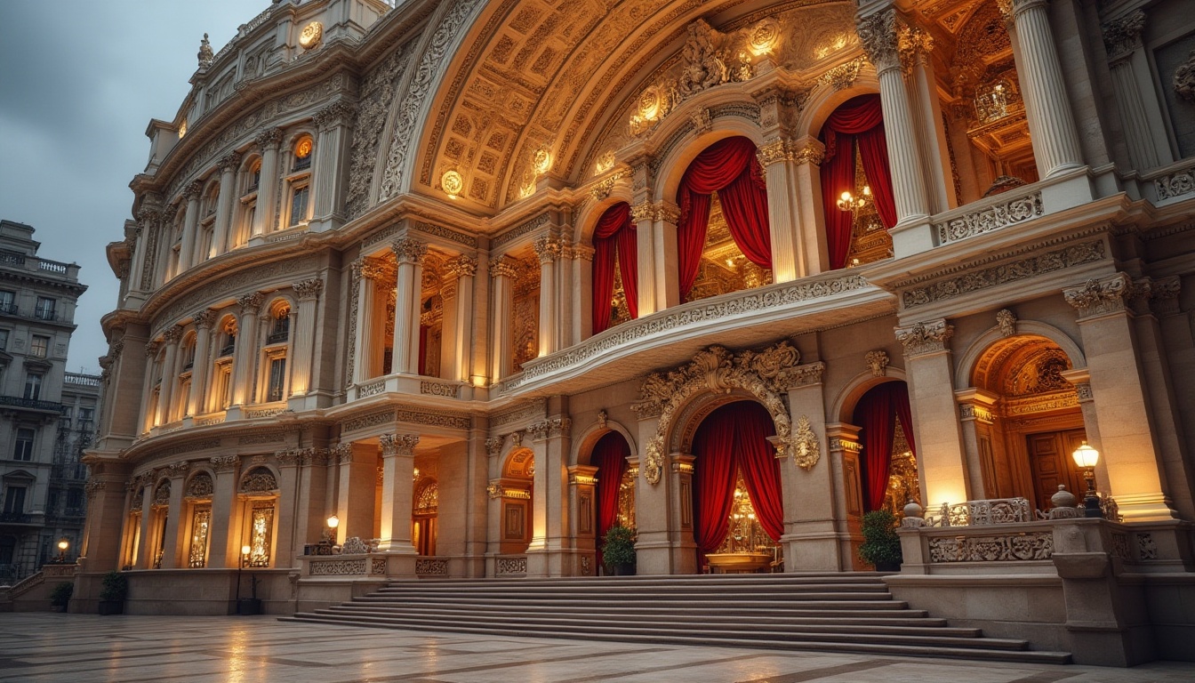 Prompt: Grand opera house facade, ornate neoclassical details, columns with ionic capitals, carved stone decorations, intricate moldings, sweeping arches, grand entrance with bronze doors, majestic staircase, crystal chandeliers, red velvet curtains, golden accents, marble floors, high ceilings, ornate balconies, scenic urban backdrop, cloudy day, soft warm lighting, shallow depth of field, 1/2 composition, symmetrical framing, realistic textures, ambient occlusion.