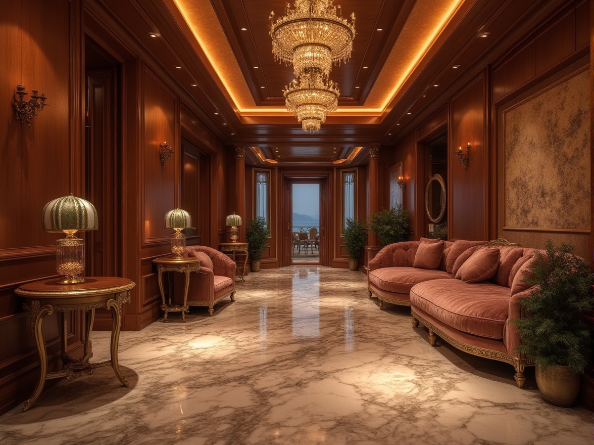 Prompt: Luxurious interior space, rich wood textures, polished marble floors, soft velvet upholstery, metallic accents, subtle sheen, intricate patterns, ornate details, ambient lighting, warm color palette, cozy atmosphere, inviting ambiance, realistic reflections, shallow depth of field, 1/1 composition, symmetrical framing, high-contrast ratio.