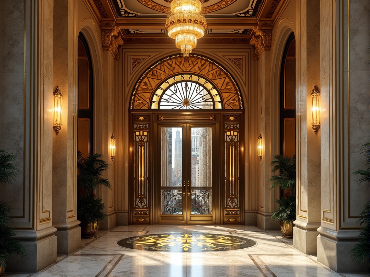 Prompt: Opulent Art Deco building, geometric metallic motifs, ornate bronze door handles, luxurious marble floors, stepped silhouettes, zigzag patterns, sunburst designs, chevron inlays, bold typography, lavish chandeliers, intricate moldings, glossy lacquer finishes, metallic leaf accents, stylized florals, curved lines, glamorous skyscrapers, urban cityscape, sunny day, low-angle shot, dramatic lighting, high-contrast ratio, ornate ironwork, beveled glass doors.