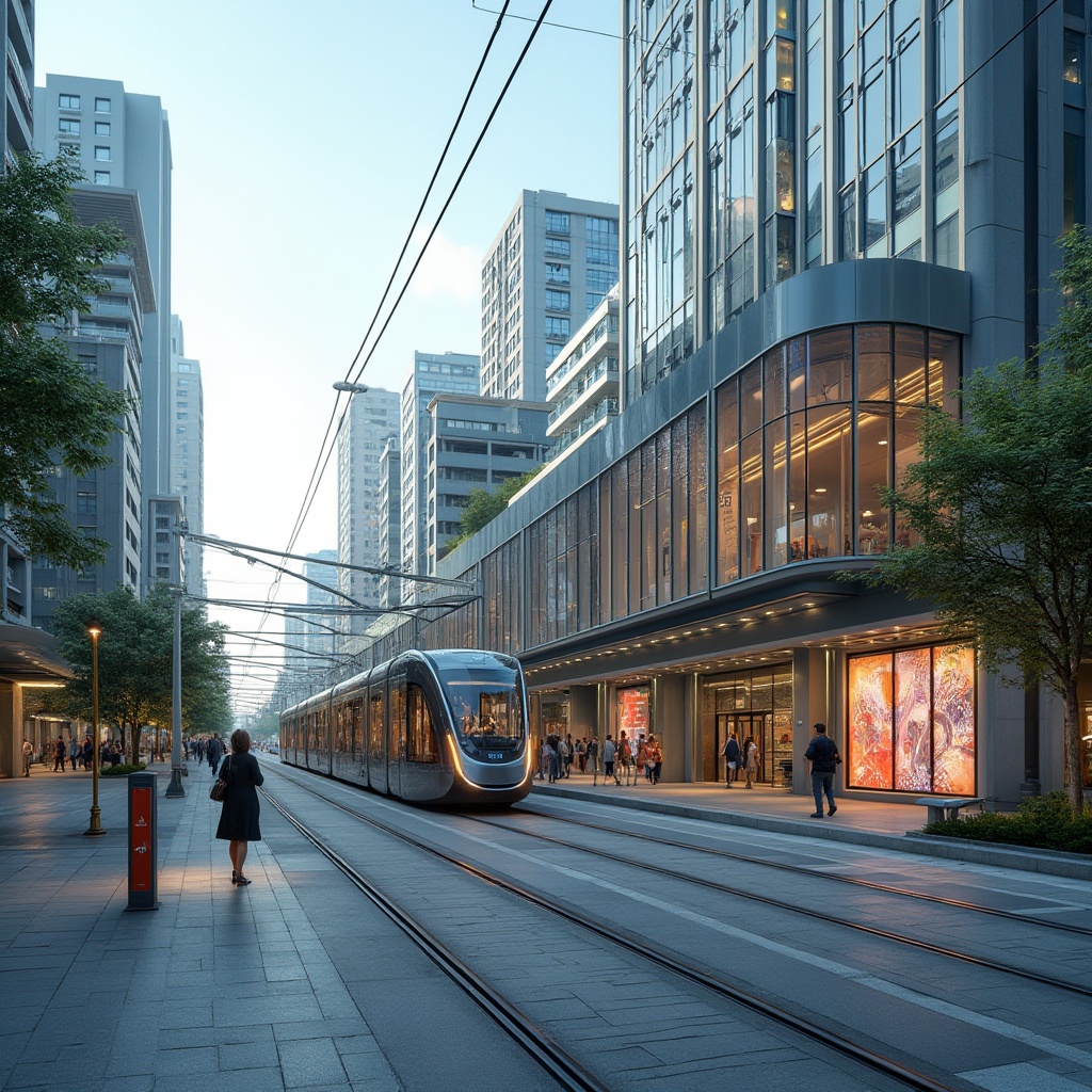 Prompt: Modern tram station, sleek glass fa\u00e7ade, dynamic LED lighting, futuristic curves, cantilevered roofs, stainless steel frames, urban cityscape, busy streets, morning commute, soft natural light, shallow depth of field, 1/2 composition, wide-angle lens, realistic reflections, ambient occlusion, green roofs, solar panels, eco-friendly materials, minimalist benches, modern signage, vibrant urban artwork, geometric patterns.