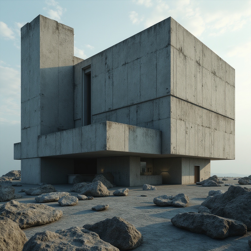 Prompt: Rugged brutalist building, raw concrete textures, bold fortress-like fa\u00e7ade, industrial materials, exposed ductwork, metal beams, poured-in-place concrete, rugged stone walls, dramatic cantilevered structures, minimalist interior design, cold atmospheric lighting, high contrast shadows, cinematic composition, wide-angle lens, realistic renderings, ambient occlusion, subtle color grading.