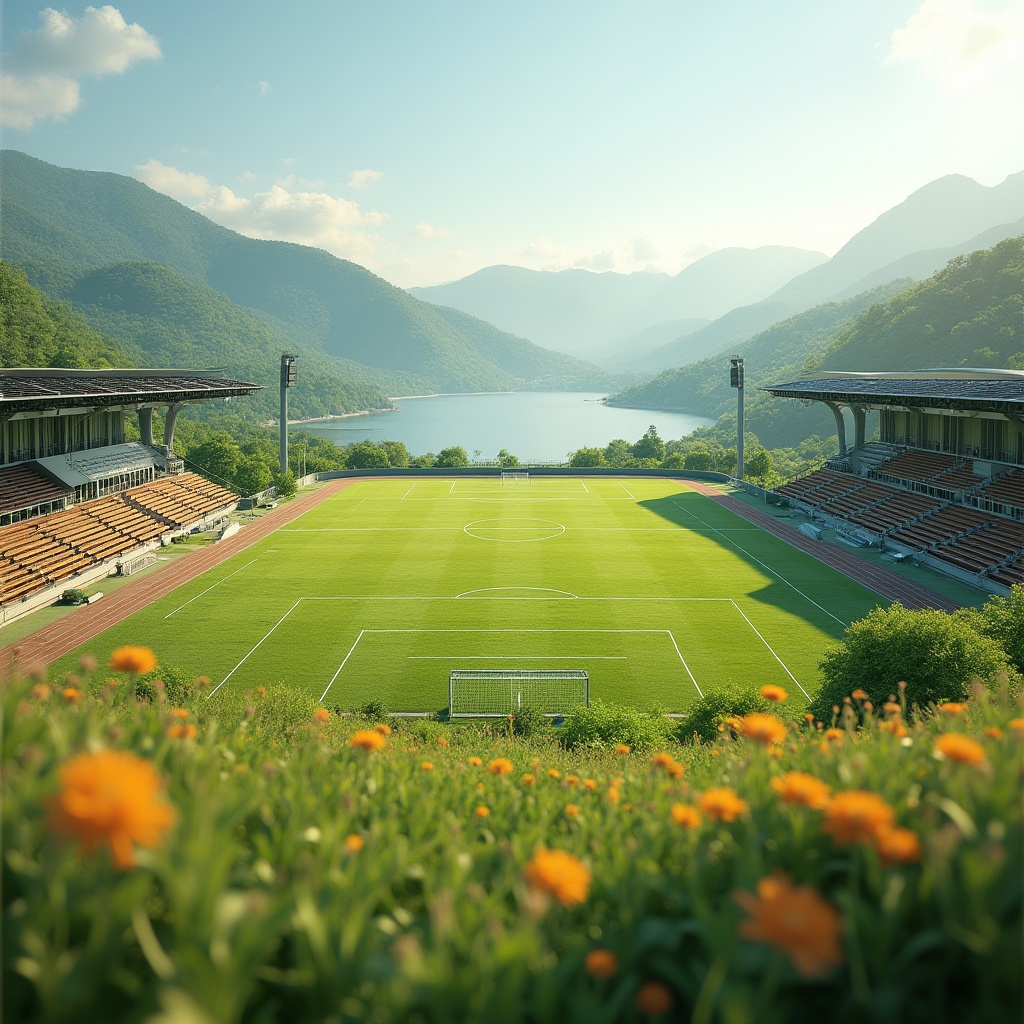 Prompt: Natural grass sports fields, rolling hills, serene lakeside scenery, wooden benches, athletic tracks, soccer goals, tennis courts, basketball hoops, vibrant greenery, blooming wildflowers, sunny day, soft warm lighting, shallow depth of field, 3/4 composition, panoramic view, realistic textures, ambient occlusion, modern stadium architecture, sleek metal bleachers, transparent roofs, minimalist design, sustainable drainage systems, rainwater harvesting, eco-friendly turf management, innovative irrigation technologies.