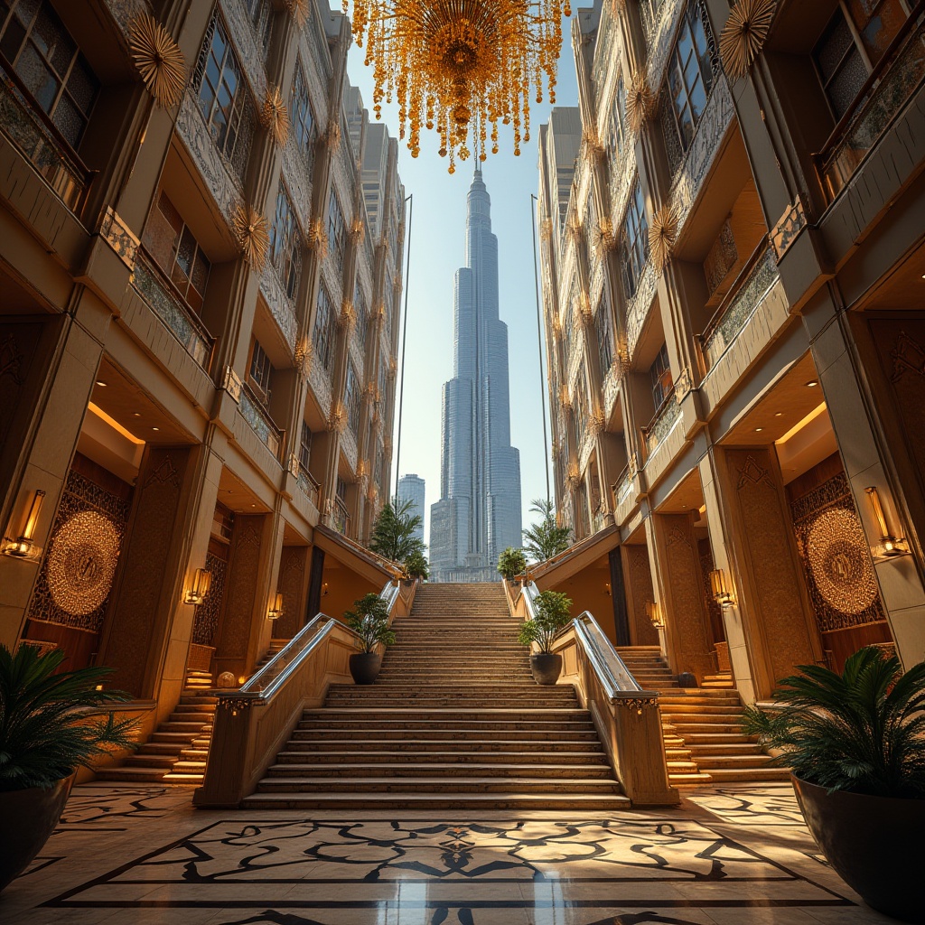 Prompt: Luxurious skyscraper, ornate metalwork, geometric patterns, zigzag motifs, chevron designs, sunburst decorations, stylized florals, metallic materials, polished chrome accents, inlaid wood furnishings, lavish textiles, opulent chandeliers, stepped silhouettes, bold color schemes, dramatic lighting effects, cinematic perspectives, low-angle shots, ornate doorways, grand staircases, lavish foyers, sun-drenched lobbies, warm golden lighting, 1/2 composition, high-contrast imagery.