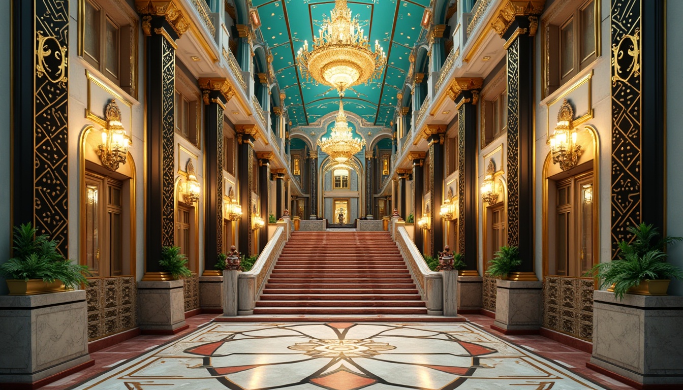 Prompt: Opulent Art Deco building, vibrant turquoise accents, luxurious golden ornaments, ornate geometric patterns, metallic silver details, glossy black surfaces, rich red marble, creamy white stone, intricate moldings, grandiose staircases, lavish chandeliers, warm sunset lighting, shallow depth of field, 1/2 composition, symmetrical view, realistic reflections, ambient occlusion.