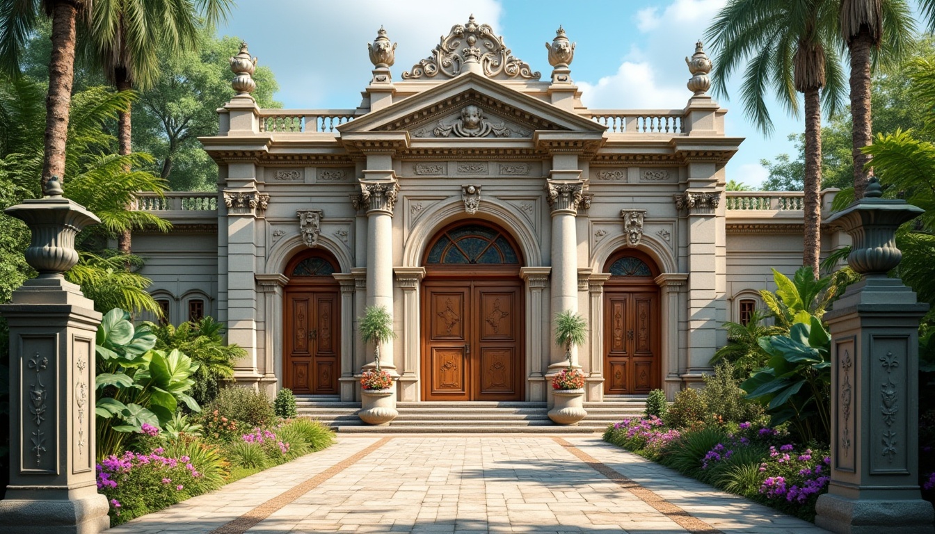 Prompt: Grand zoo entrance, ornate stone columns, intricately carved wooden doors, majestic bronze statues, lush greenery, tropical plants, vibrant flowers, natural stone walls, rusticated quoins, symmetrical fa\u00e7ade, classical arches, ionic capitals, decorative cornices, soft warm lighting, shallow depth of field, 1/1 composition, realistic textures, ambient occlusion, sunny day, clear blue sky.