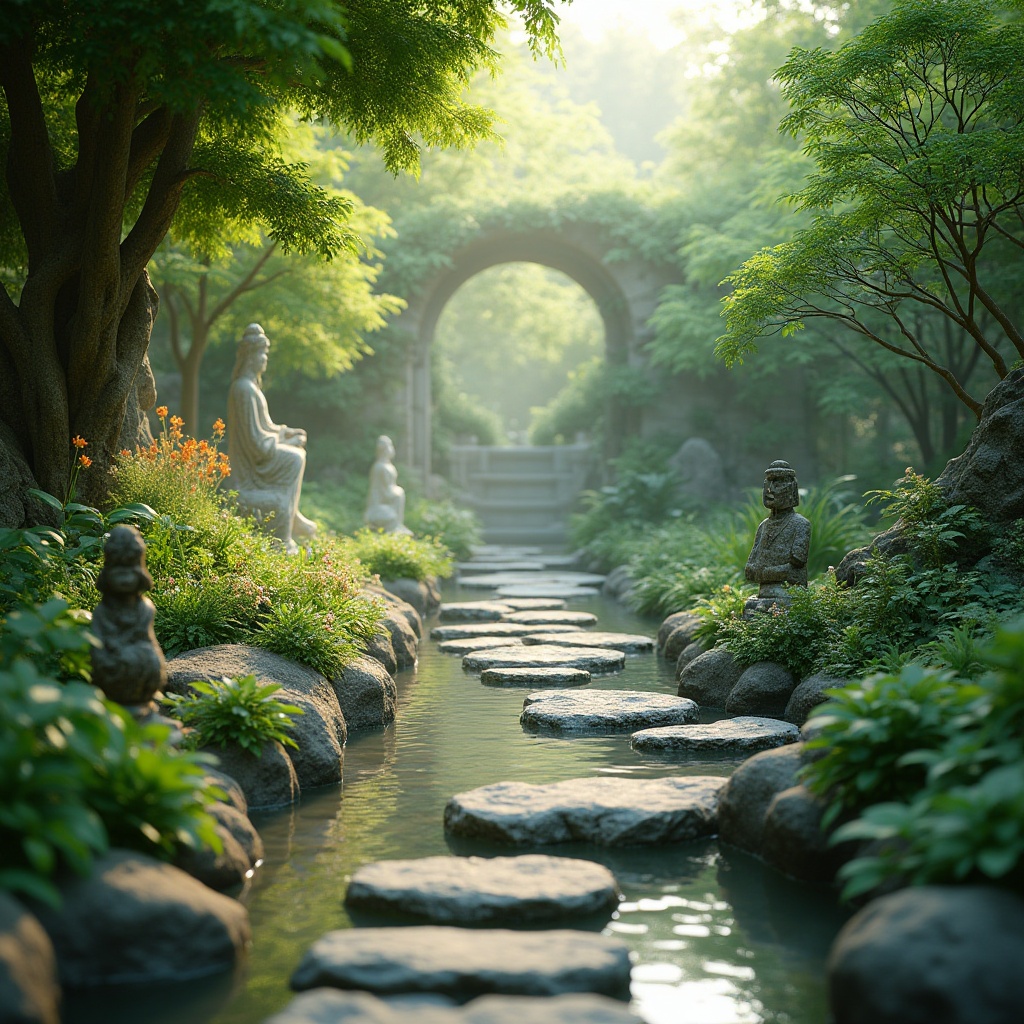 Prompt: Serenely peaceful garden, lush greenery, tranquil water features, natural stone pathways, meditative seating areas, gentle rustling leaves, soft warm lighting, shallow depth of field, 3/4 composition, panoramic view, realistic textures, ambient occlusion, spiritual sculptures, symbolic statues, calming color palette, soothing music, scented flowers, misty atmosphere, serene ambiance, minimalist design, natural materials, organic shapes, free-flowing curves, harmonious balance.