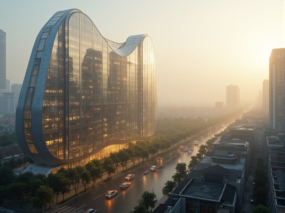 Prompt: Curvaceous building silhouette, translucent glass facades, subtle gradient effects, soft diffused lighting, elegant minimalist design, sleek metal frames, cantilevered roofs, vertical green walls, urban cityscape, bustling streets, morning fog, warm golden hour, shallow depth of field, 1/2 composition, symmetrical framing, high-contrast textures, ambient occlusion.