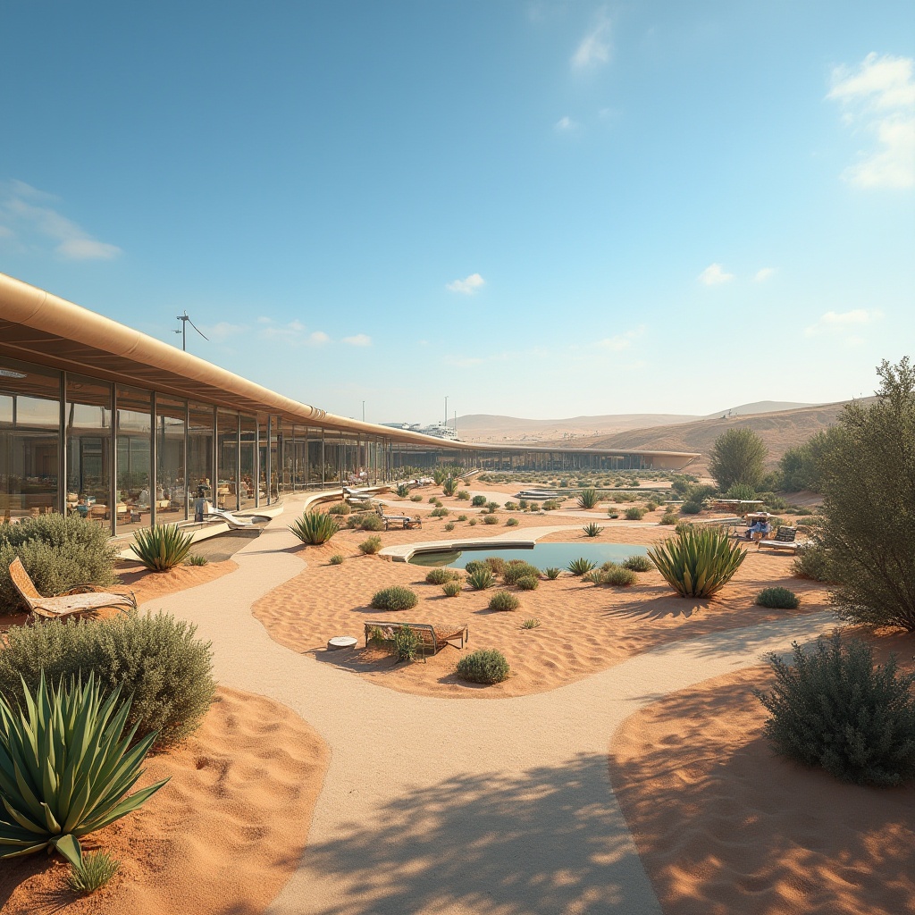 Prompt: Arid desert landscape, cactus gardens, sandy dunes, succulent plants, hot sunny day, clear blue sky, vast open space, modern futuristic architecture, sleek metal buildings, reflective glass surfaces, angular lines, minimalist design, sustainable energy solutions, solar panels, wind turbines, water conservation systems, green roofs, eco-friendly materials, innovative cooling technologies, shaded outdoor spaces, misting systems, Arabic-inspired patterns, vibrant colorful textiles, intricate geometric motifs, educational signs, interactive exhibits, observatory decks, stargazing areas, nature-inspired sculptures, rust-resistant metal accents, weathered wood benches, desert flora preservation, xeriscaping, drought-tolerant plants, irrigation systems.